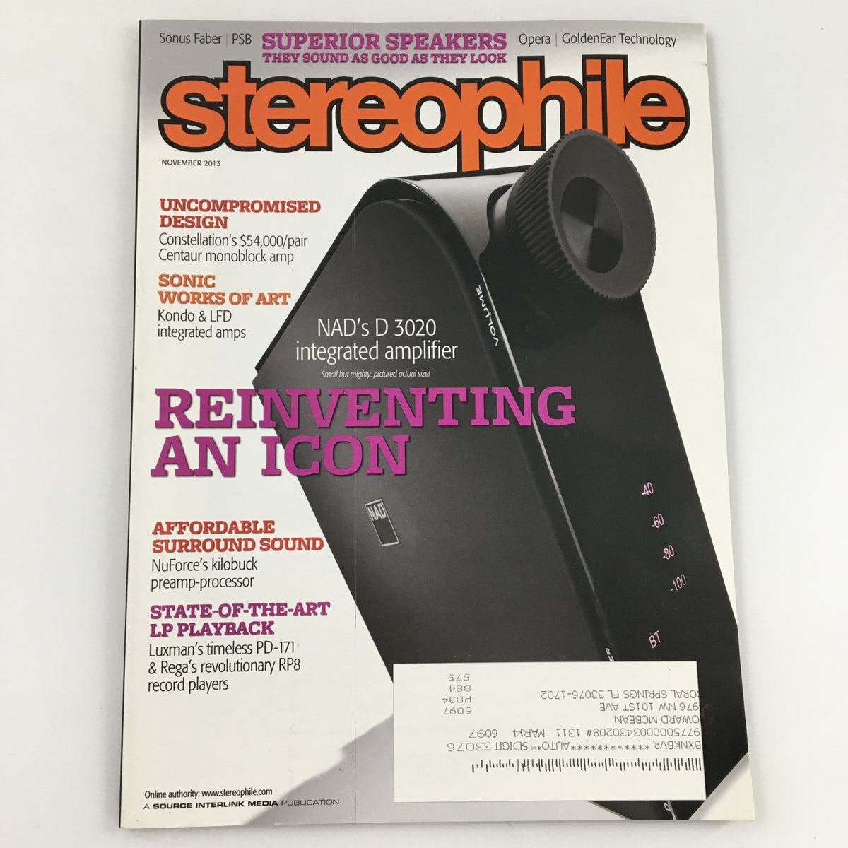 Stereophile Magazine November 2013 featuring NAD's D 3020 Integrated Amplifier on the cover, showcasing audio equipment advancements and audiophile culture.