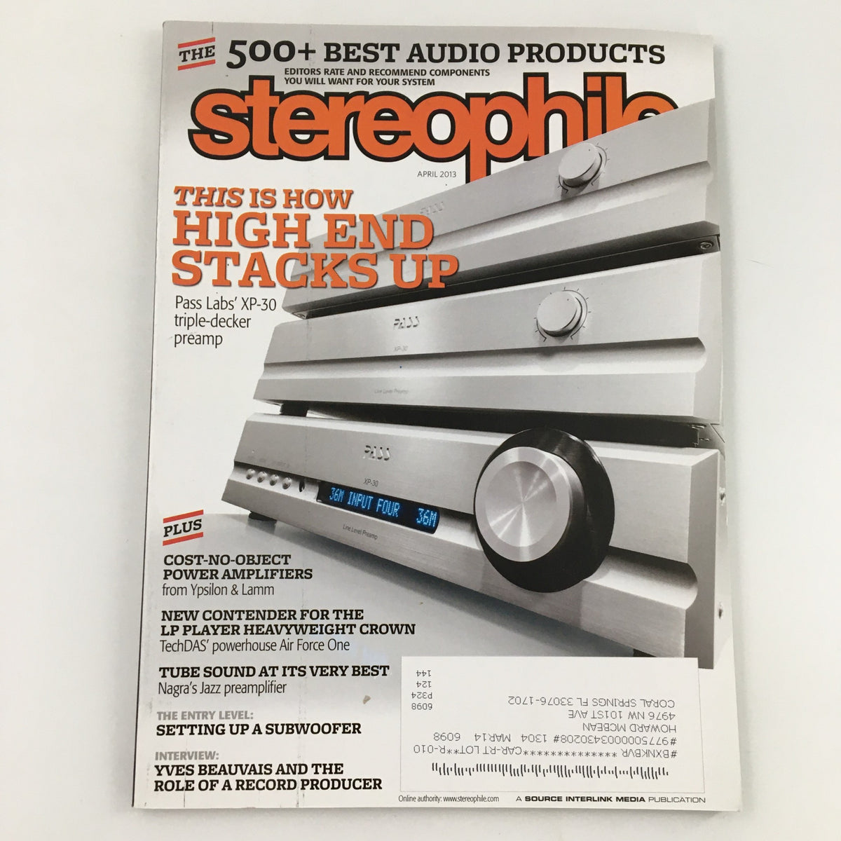 Cover of Stereophile Magazine April 2013 featuring an article on Yves Beauvais and the Role of Record Producer, showcasing audio equipment with a modern aesthetic.