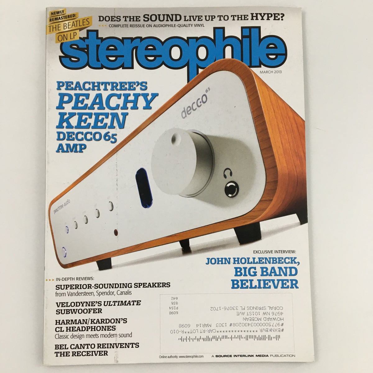 Cover of Stereophile Magazine March 2013 featuring John Hollenbeck, Big Band Believer, with an exclusive interview and a focus on Peachtree's Decco65 Amplifier. Highlights articles on superior-sounding speakers and subwoofers.