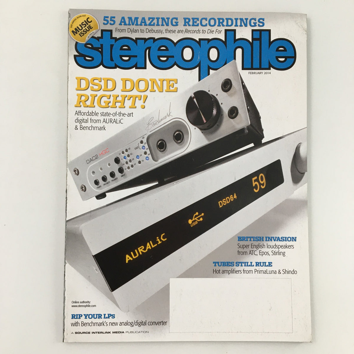 Cover of Stereophile Magazine February 2014 featuring 'British Invasion' and ATC English Loudspeakers. This cover showcases DSD technology, audio equipment, and highlights the rich heritage of high-fidelity sound systems.