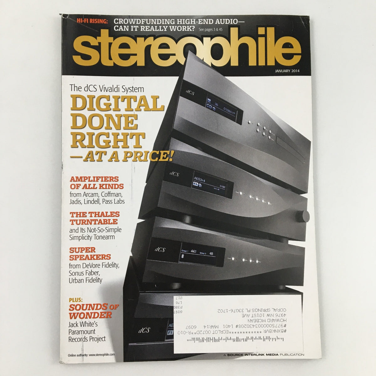 Cover image of the January 2014 issue of Stereophile Magazine featuring a detailed look at Jack White's Paramount Records Project and the dCS Vivaldi System. The magazine includes articles on high-end audio equipment such as amplifiers and speakers, appealing to music enthusiasts and collectors.