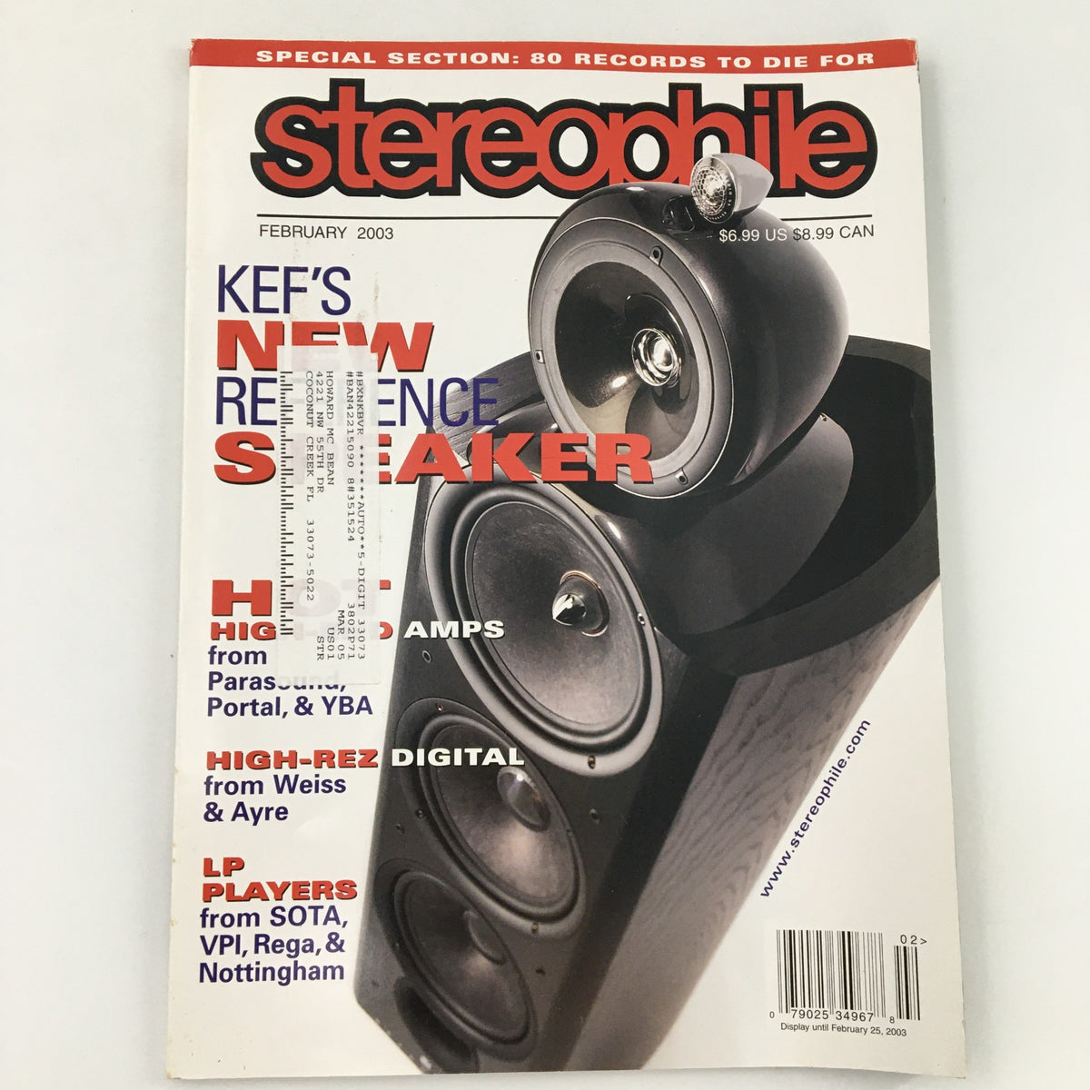 Cover of Stereophile Magazine February 2003 featuring High-Rez Digital from Weiss and Ayre, showcasing a high-end speaker and audio components.