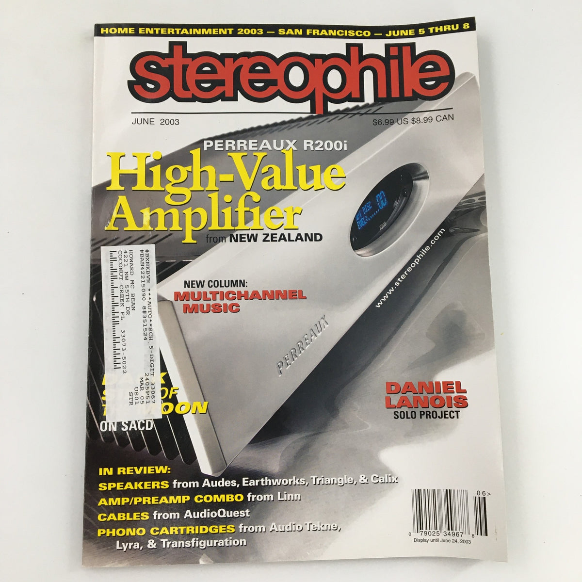 Stereophile Magazine June 2003 featuring prominent Canadian record producer Daniel Lanois, showcasing a high-value amplifier from New Zealand on the cover.