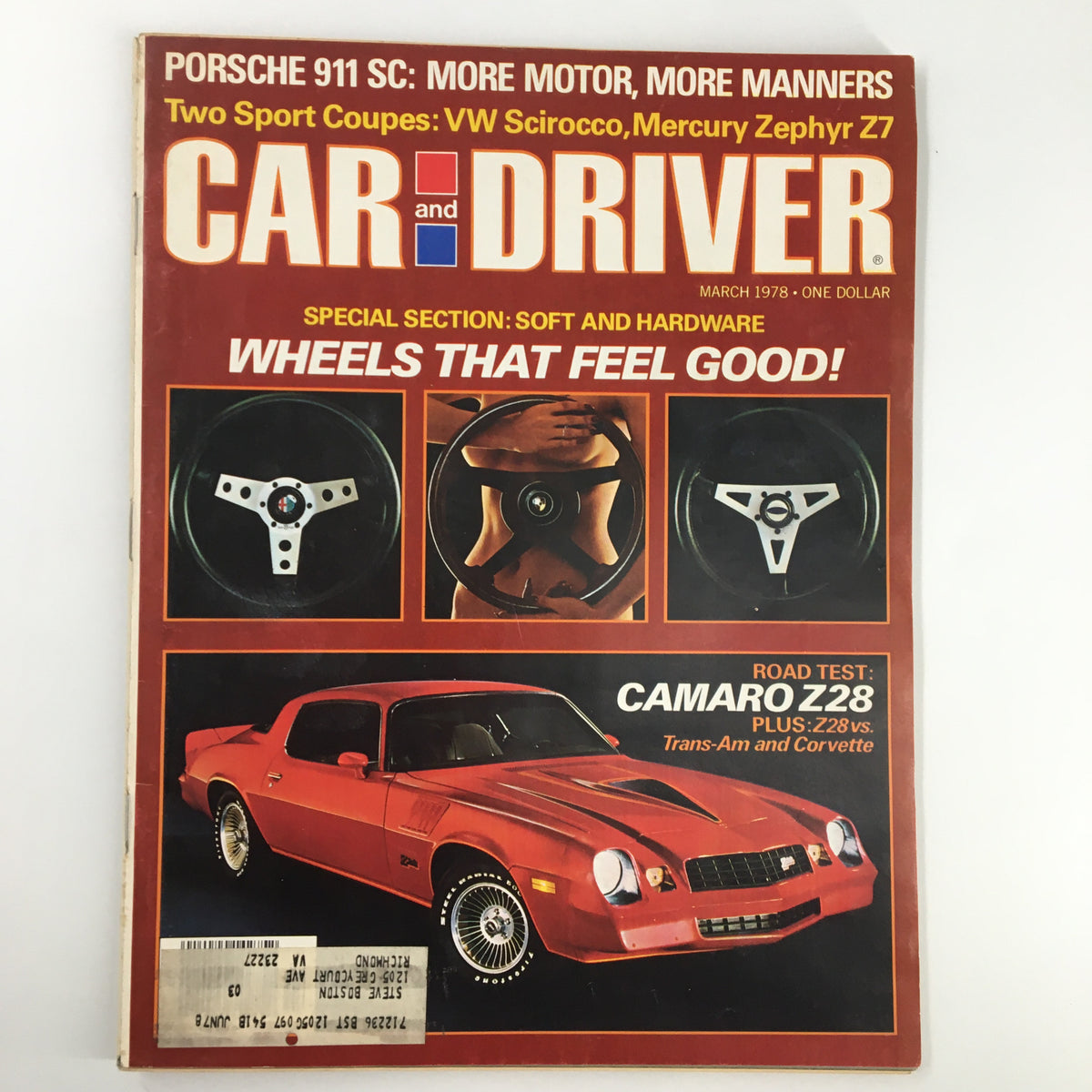 Cover of Car and Driver Magazine March 1978 featuring Camaro Z28, Trans-Am, and Corvette comparison with vibrant visuals and headlines.