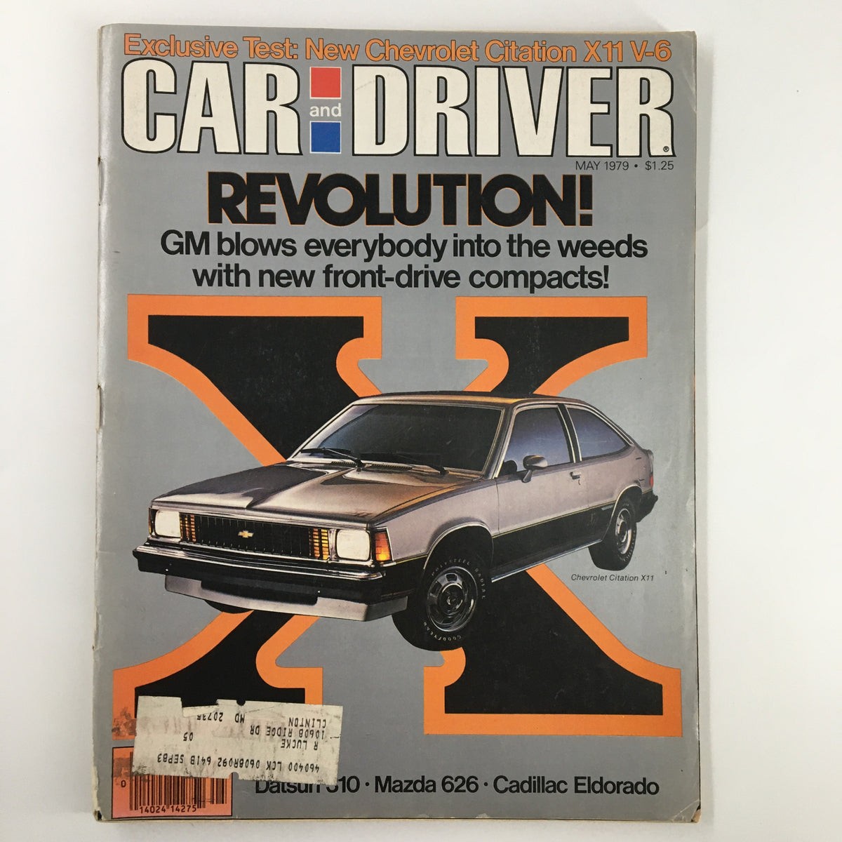 Cover of the May 1979 issue of Car and Driver Magazine, featuring the title 'Revolution!' highlighting the Datsun 610, Mazda 626, and Cadillac Eldorado.