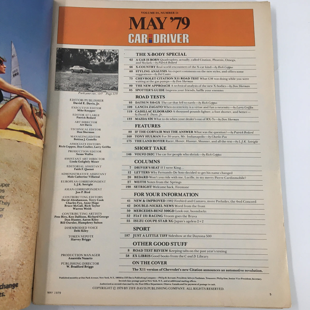 Table of contents from the May 1979 issue of Car and Driver Magazine, detailing articles including insights on the Datsun 610, Mazda 626, and Cadillac Eldorado.