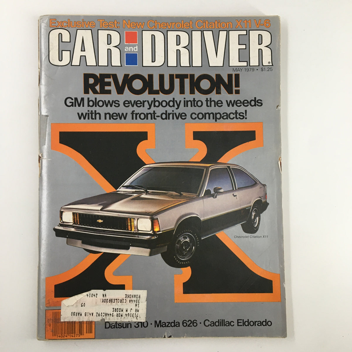 Car and Driver Magazine May 1979 cover featuring an exclusive test of the Chevrolet Citation X11 V-6 with bold graphics and a promotional tagline.