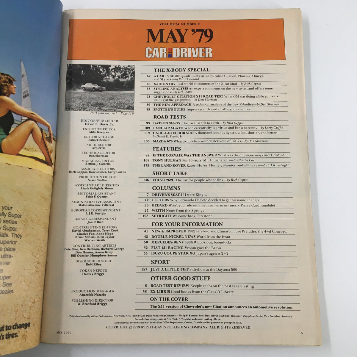 Interior page of Car and Driver Magazine May 1979 displaying the table of contents with various articles, including insights on the Chevrolet Citation X11 V-6.