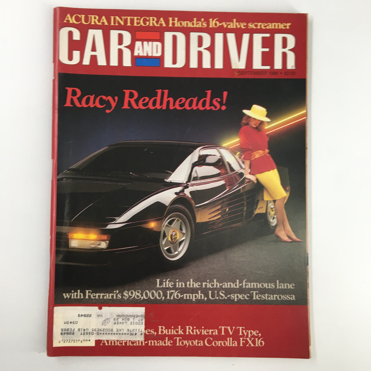 Cover of the Car and Driver Magazine from September 1986, featuring the Acura Integra and highlighting the Honda 16 Valve Screamer. The issue includes a captivating image with a stylish woman in red and yellow attire next to a sleek black car, emphasizing automotive culture and history.