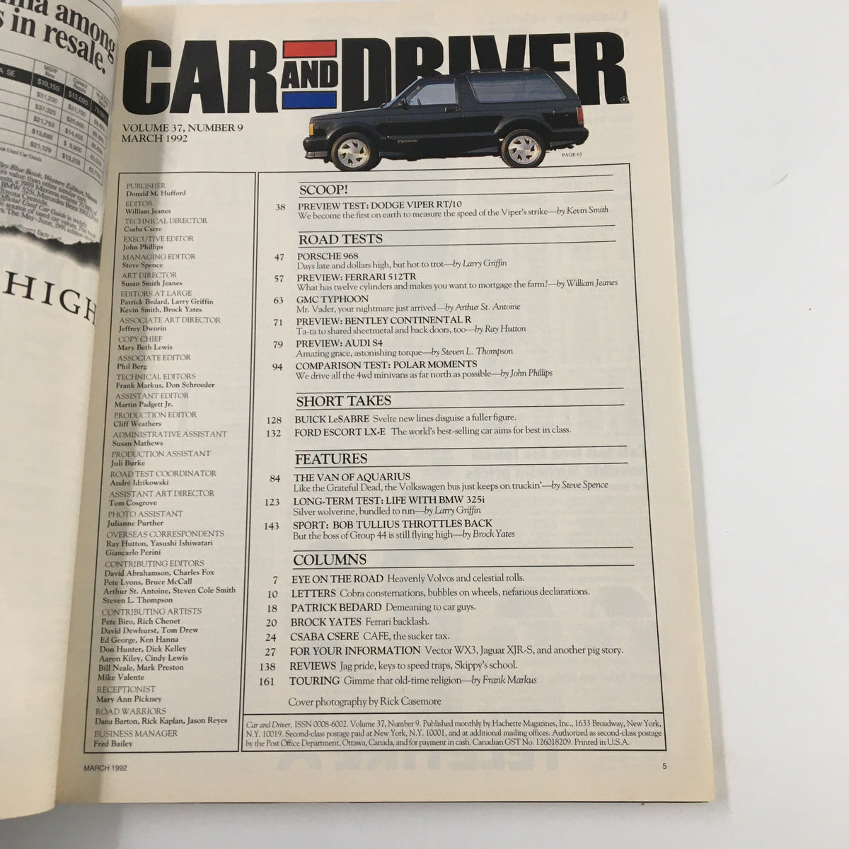 Interior page from Car and Driver Magazine March 1992 showcasing the article list and features including the preview test of the Dodge Viper RT/10. The page outlines various automotive road tests and features within the magazine.