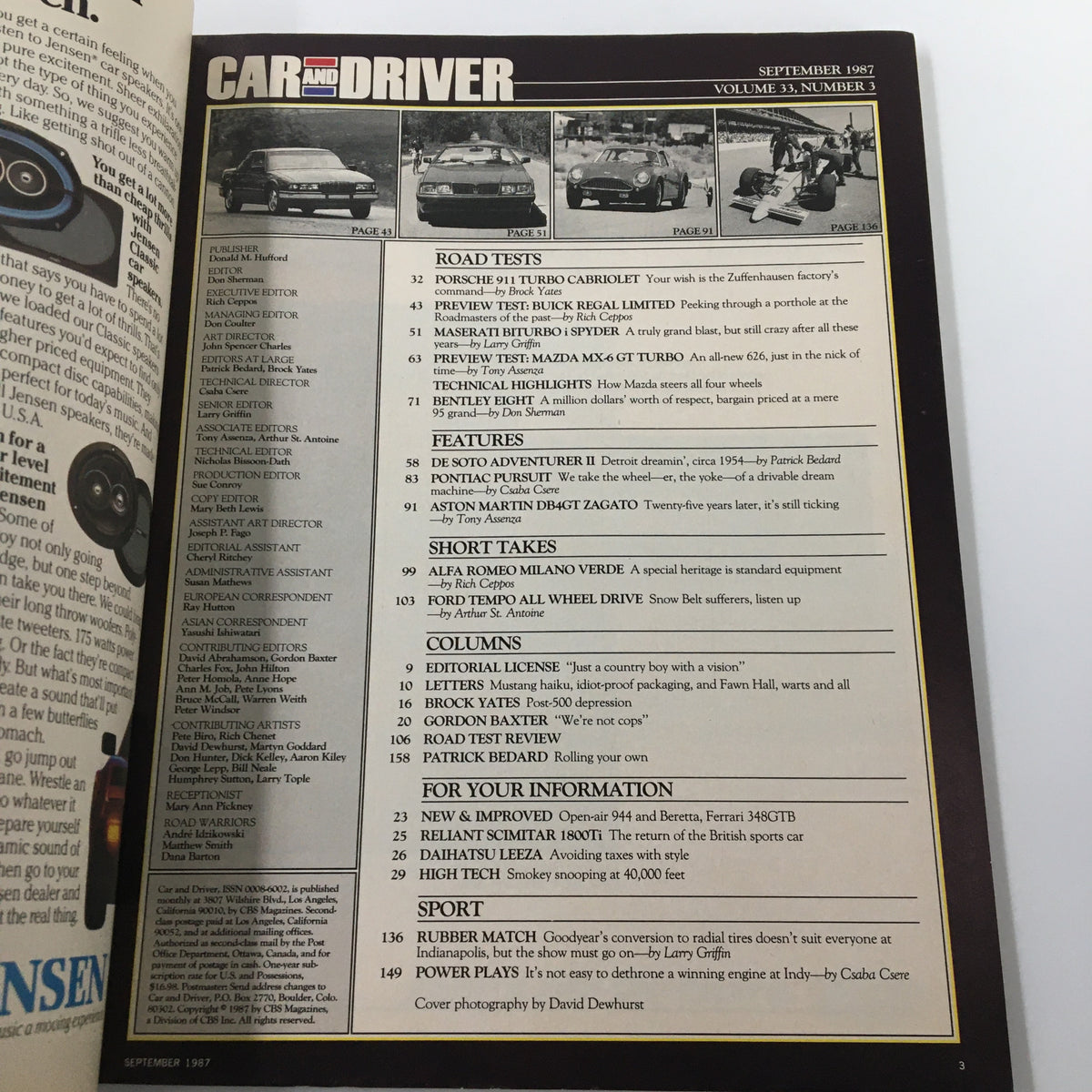 Interior page of Car and Driver Magazine, September 1987, detailing car reviews including the Mazda MX-6 GT Turbo. Includes table of contents highlighting various articles and features.
