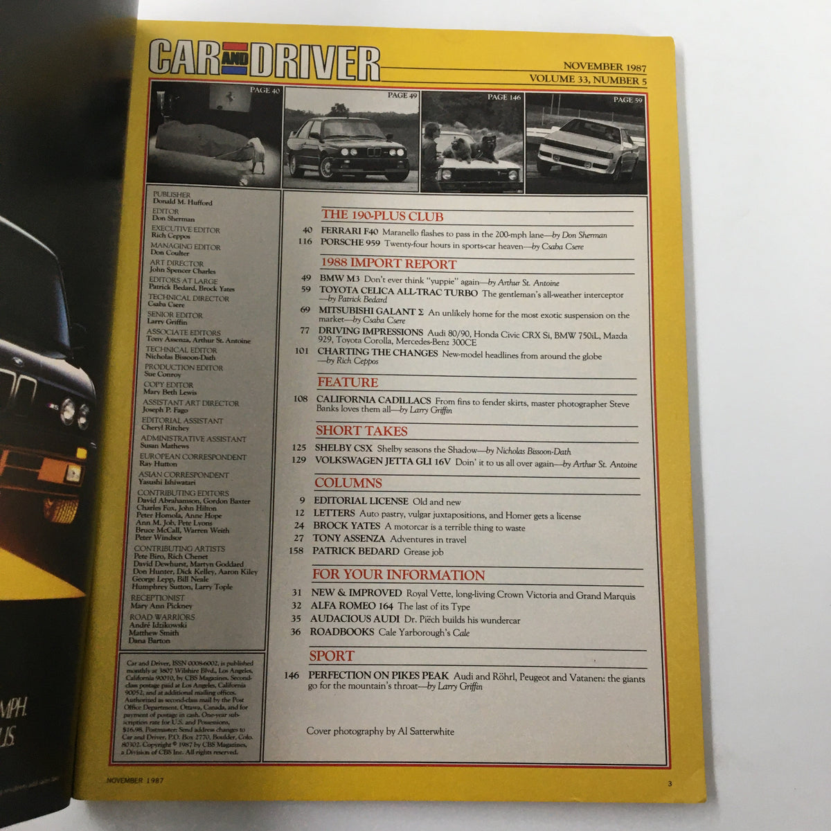 Contents page of Car and Driver Magazine November 1987 listing articles including features on Ferrari F40, Porsche 959, and Toyota Celica Turbo, alongside automotive insights and reviews.