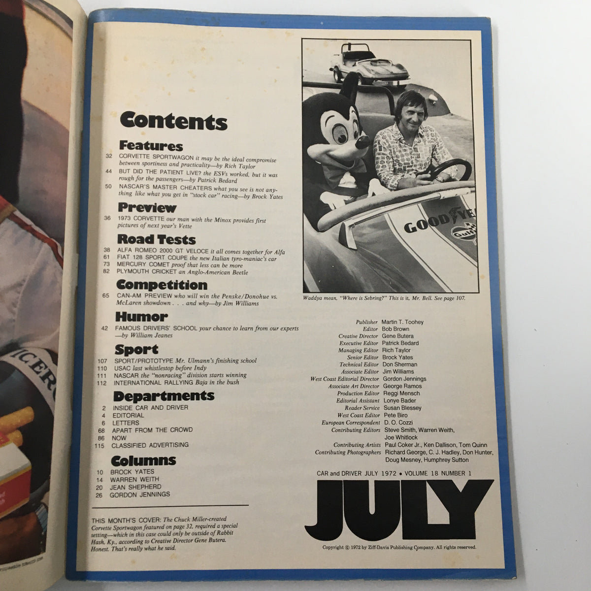 Contents page of VTG Car and Driver Magazine July 1972, featuring various articles including NASCAR's Master Cheaters Tell All and a cartoon character with a driver.