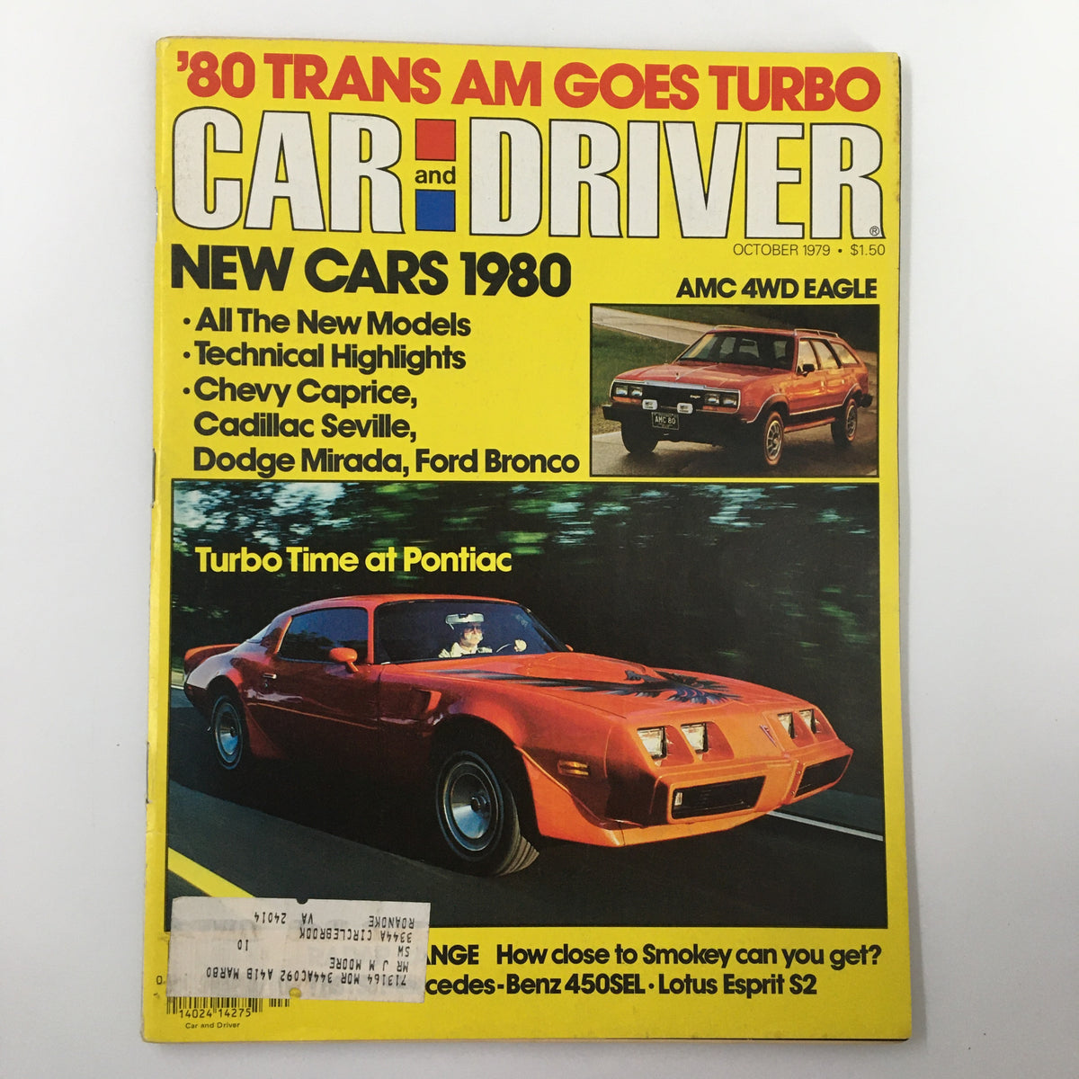 Cover of VTG Car and Driver Magazine October 1979 featuring AMC 4WD Eagle and Turbo Time at Pontiac. Highlights include new cars for 1980 and technical features.