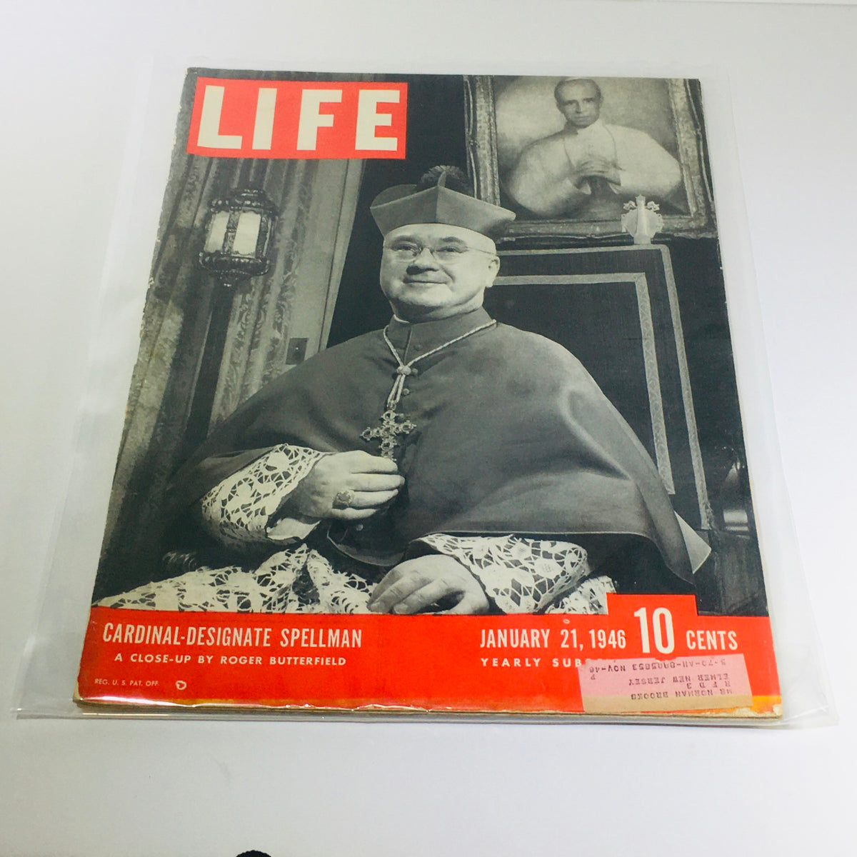 Cover of VTG Life Magazine: January 21, 1946 featuring Cardinal-Designate Spellman, designed by Roger Butterfield, showcasing a significant historical moment.