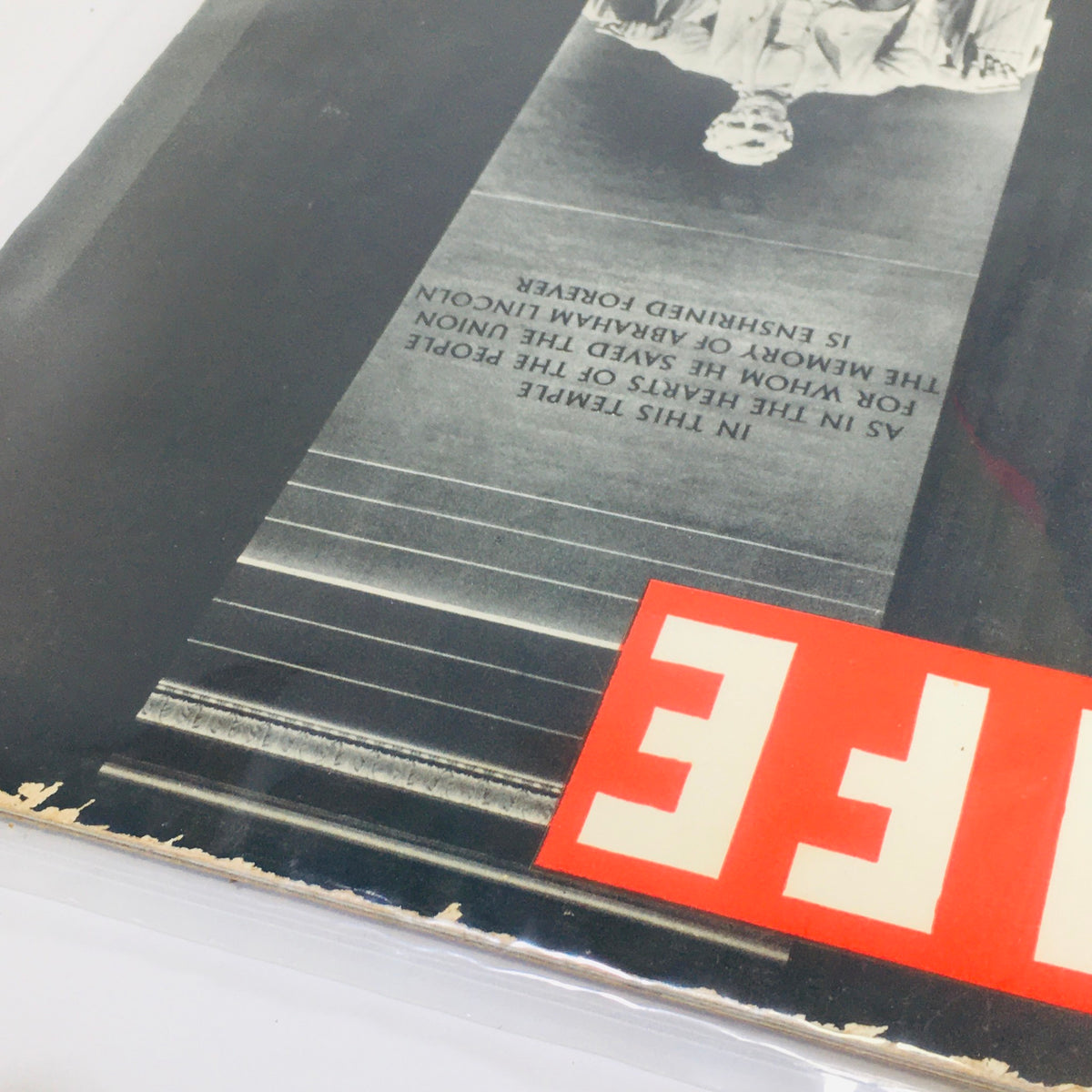 Detailed view of the February 11, 1946 Life Magazine cover with the inscription from the Abraham Lincoln Memorial, emphasizing its historical significance.