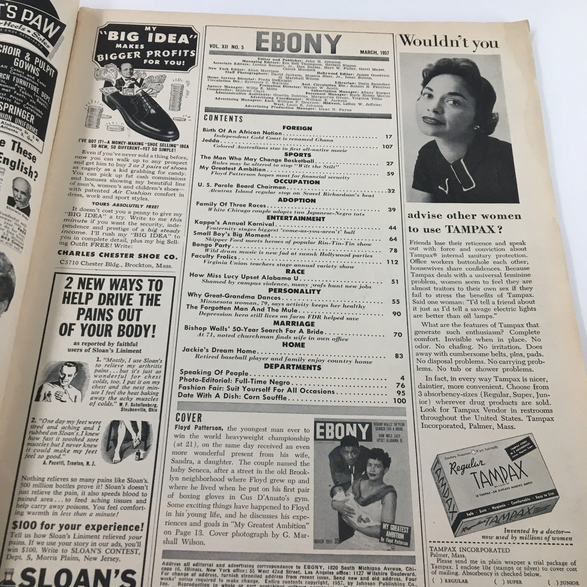 VTG Ebony Magazine March 1957 featuring table of contents and articles including 'How Miss Lucy Upset Alabama University.' Highlights historical perspectives on race and culture.