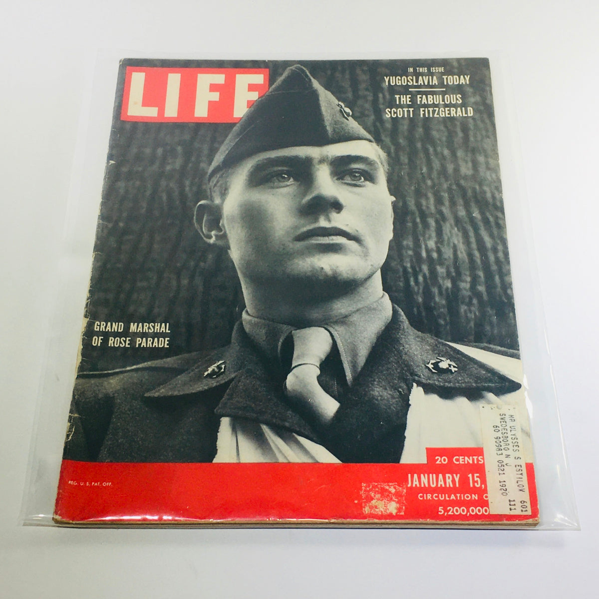 Vintage Life Magazine cover from January 15, 1951, featuring Corporal Robert Gray as Grand Marshal of the Pasadena Tournament of Roses Parade, showcasing a striking black and white photograph with a historical context.