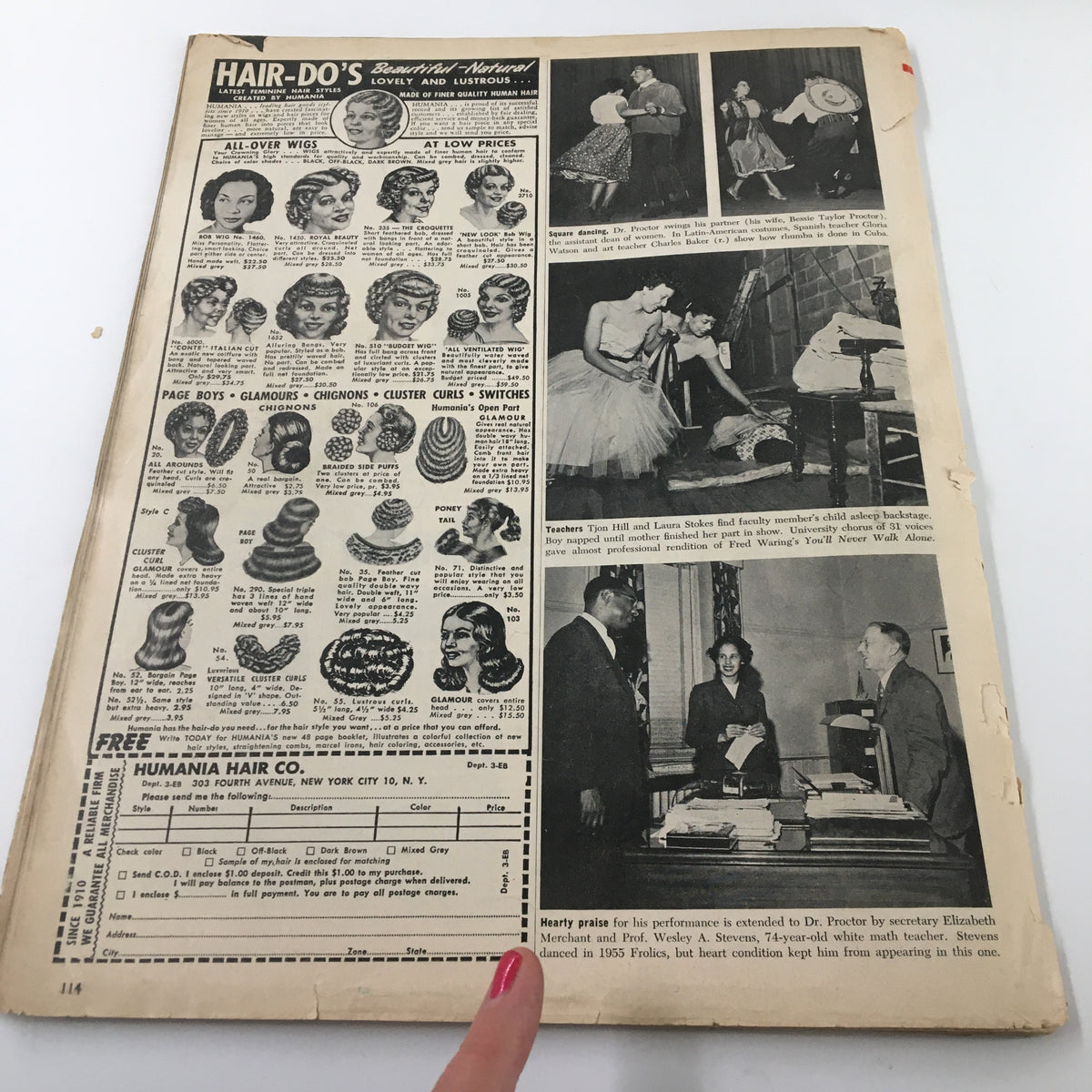 Back cover of VTG Ebony Magazine March 1957 showcasing advertisements and a photo of various hair products, reflecting 1950s beauty standards.