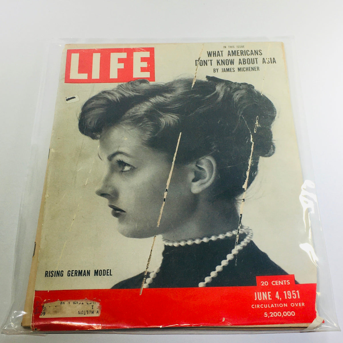 Cover of VTG Life Magazine from June 4, 1951 featuring a profile of a rising German model, showcasing the magazine's title and date. Vintage magazine in fair condition, highlights fashion and cultural context of the early 1950s.
