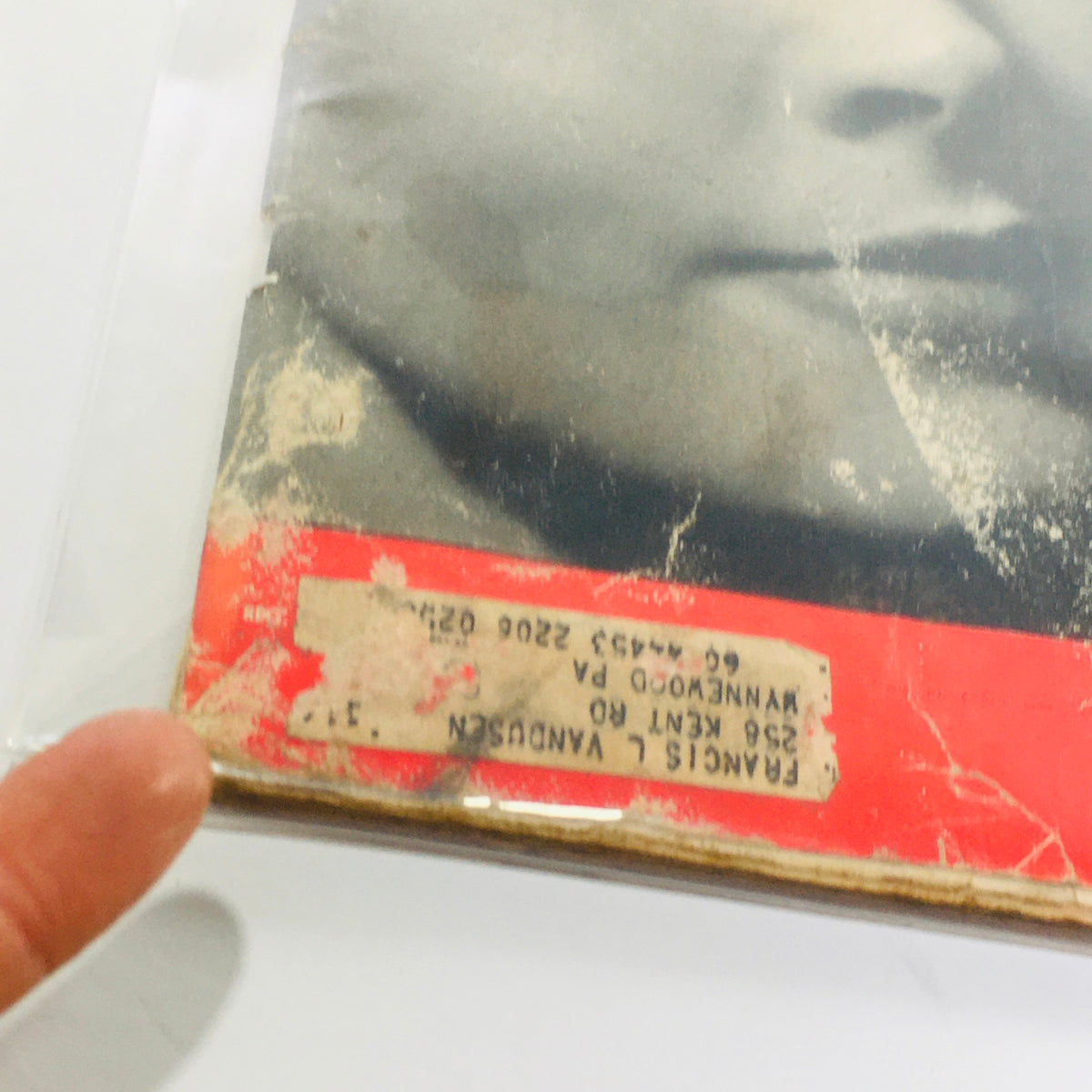 Close-up view of the back cover of VTG Life Magazine: Dec 17 1951, highlighting vintage address label and wear indicating its historical significance.