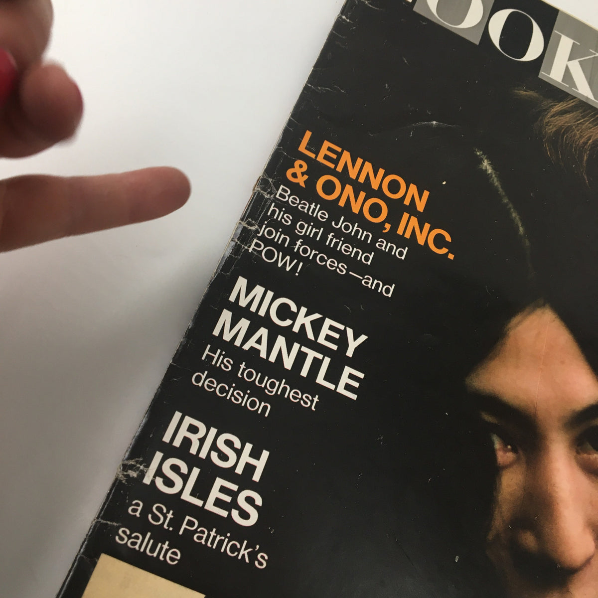 Close-up of the Look Magazine cover from March 18, 1969, showcasing John Lennon and Yoko Ono with the title 'LENNON & ONO, INC.' and additional articles.