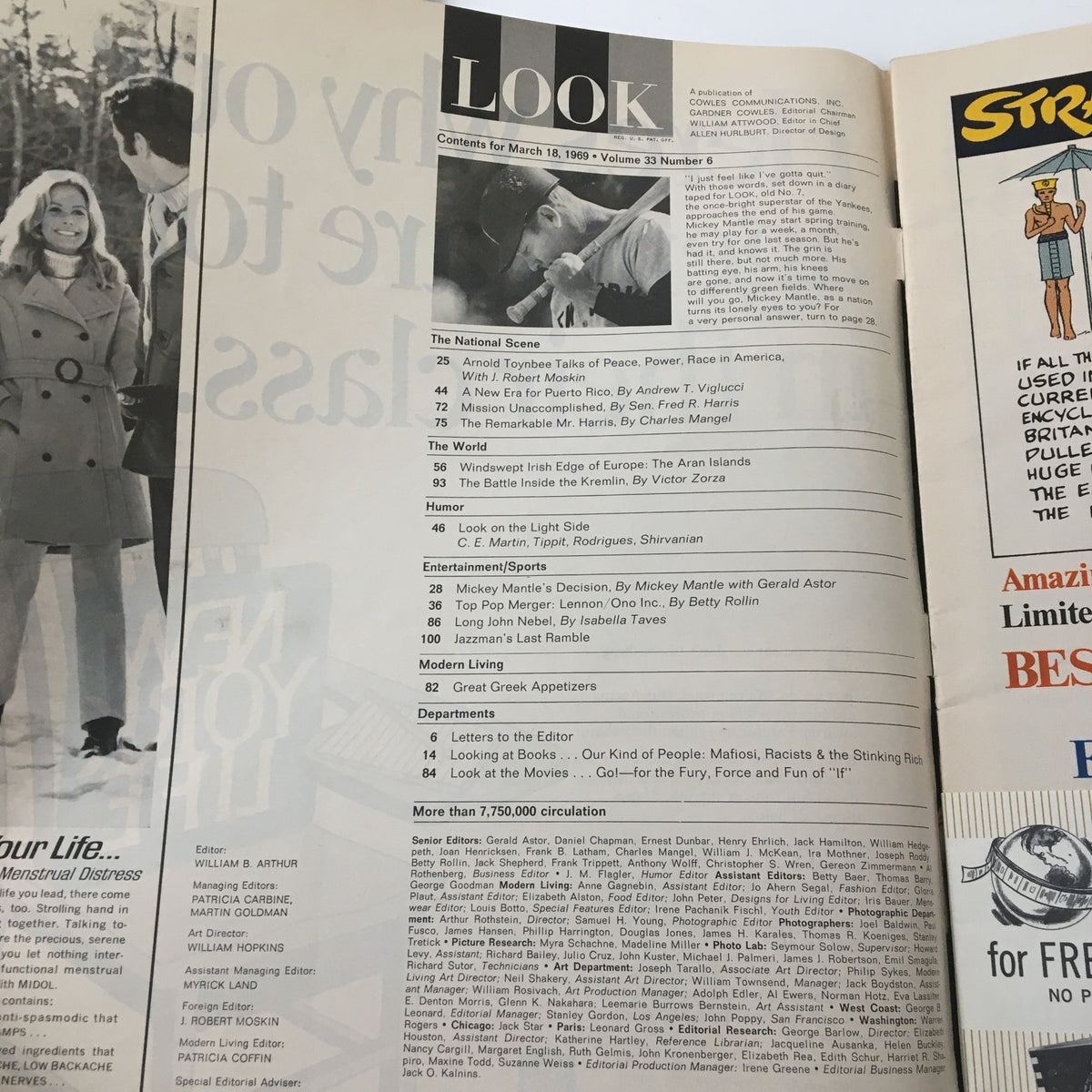 Inside page of Look Magazine March 18, 1969 displaying the table of contents, featuring articles including 'Mickey Mantle's Decision' and 'Lennon/ Ono, Inc.'.