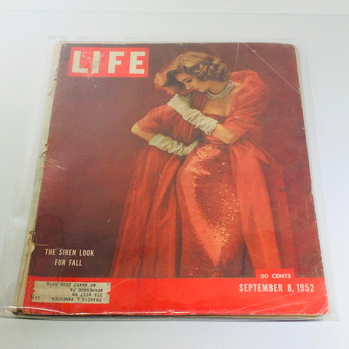 VTG Life Magazine Cover from September 8, 1952 featuring The Siren Look for Fall, showcasing a glamorous woman in a red sequined dress and elegant gloves.