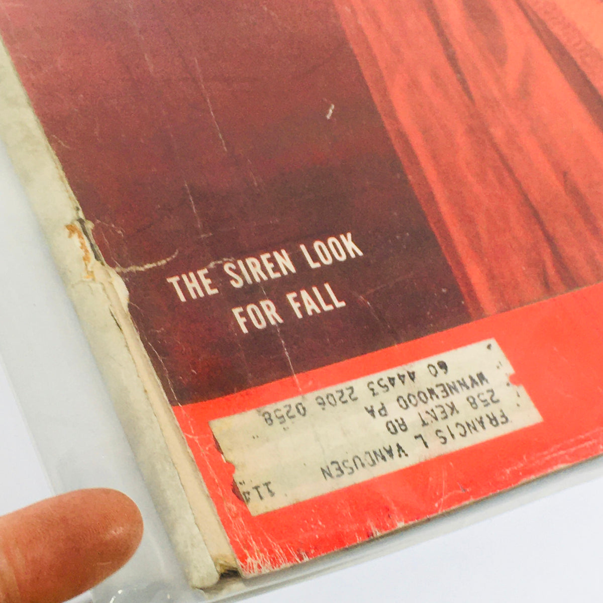 Close-up of the VTG Life Magazine Cover from September 8, 1952 highlighting The Siren Look for Fall, with visible wear and a vintage address label.