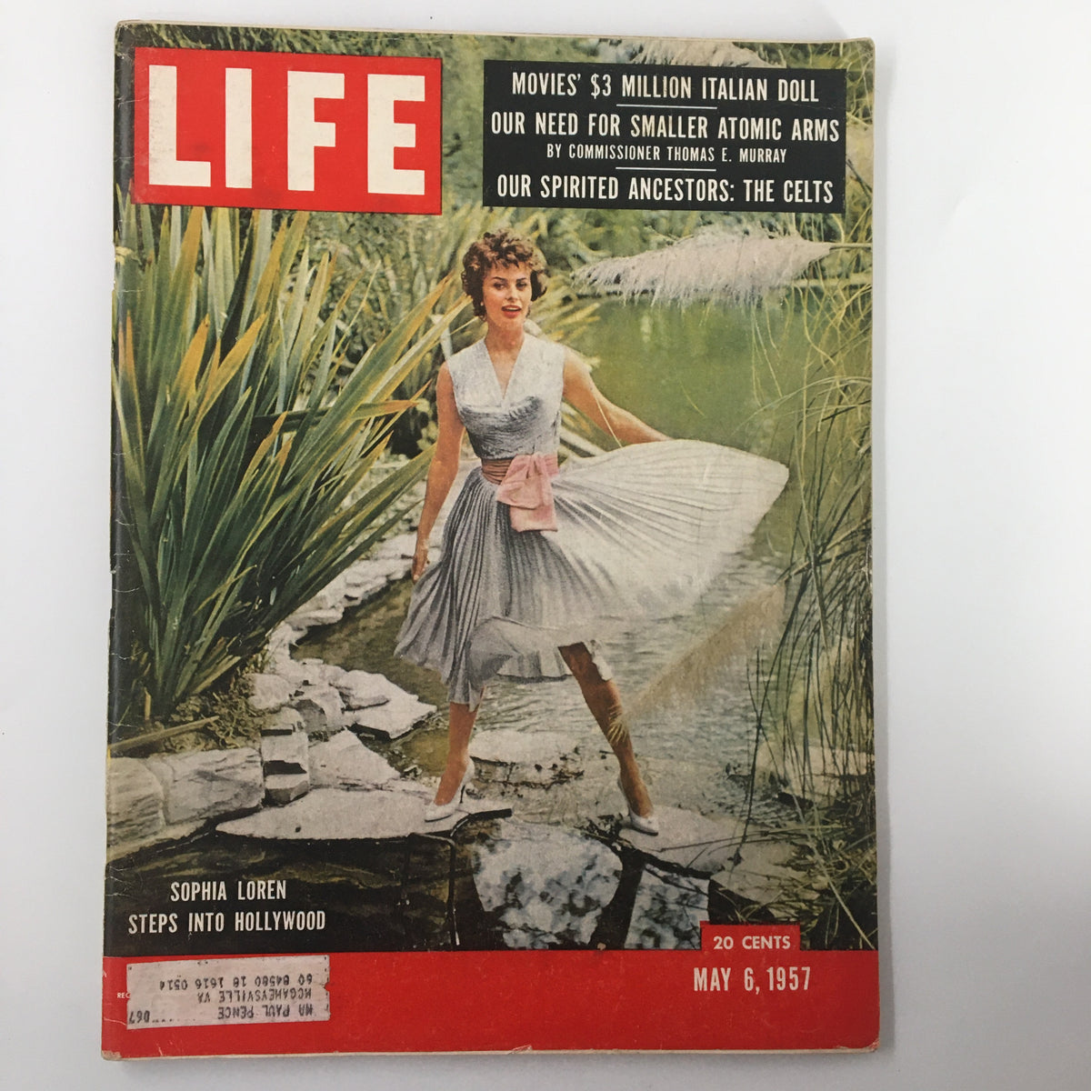 VTG Life Magazine May 6 1957 featuring Sophia Loren on the cover, showcasing her stepping into Hollywood, surrounded by greenery and water.
