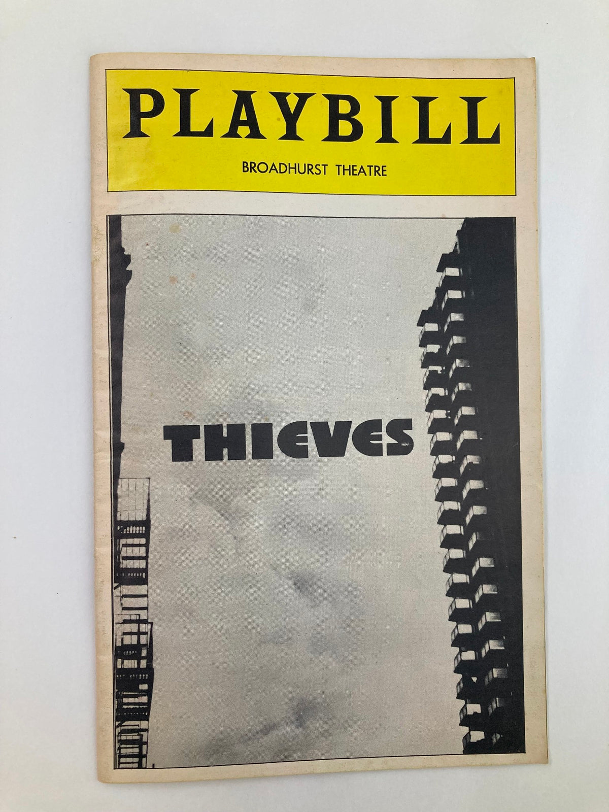 1974 Playbill for the Broadhurst Theatre featuring Marlo Thomas and Richard Mulligan in the comedy 'Thieves'. The cover includes a bold title and a unique graphic design.
