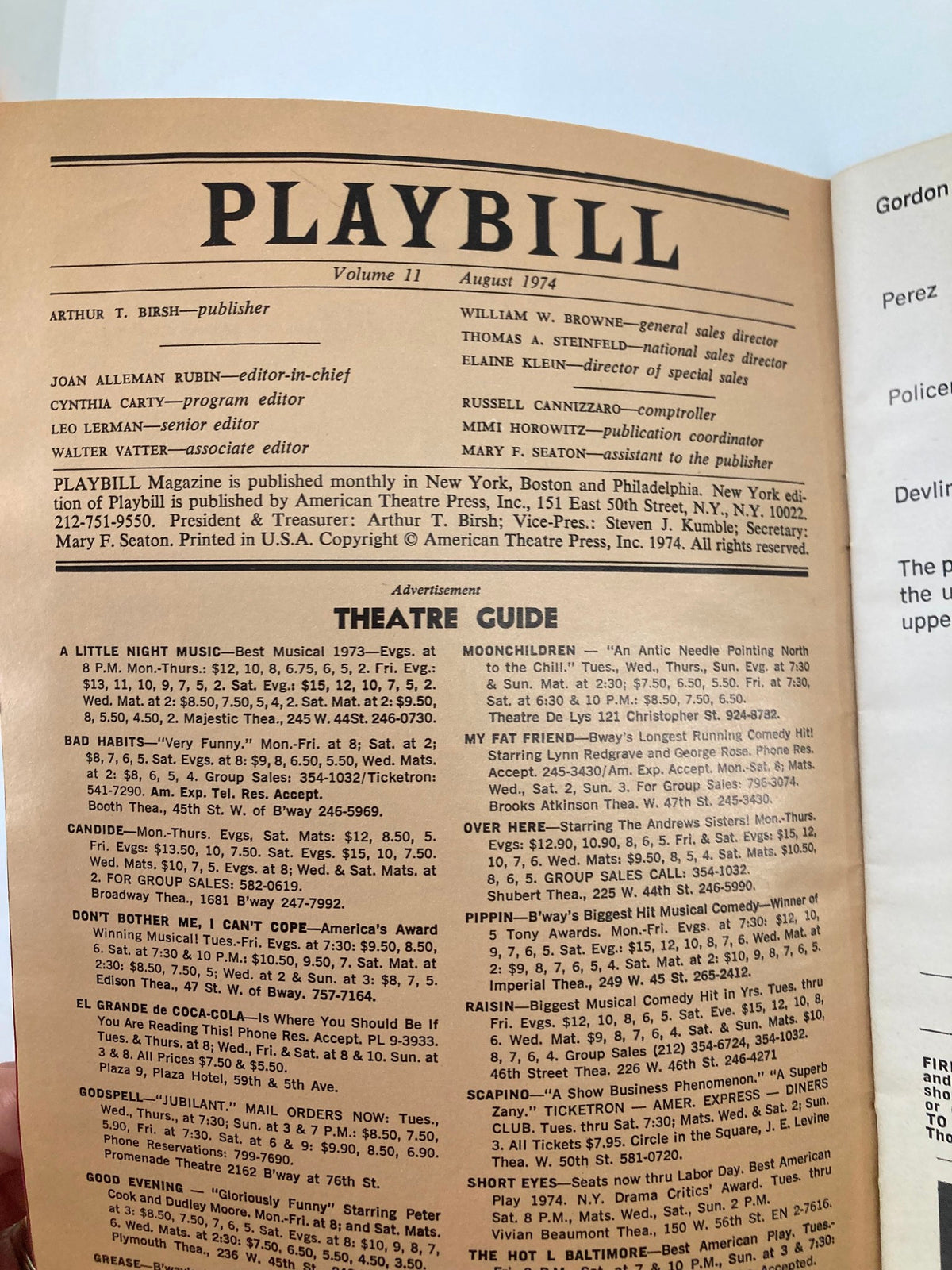 Inside page of the 1974 Playbill from Broadhurst Theatre, highlighting various advertisements and details, including an overview of shows and contributors in August 1974.