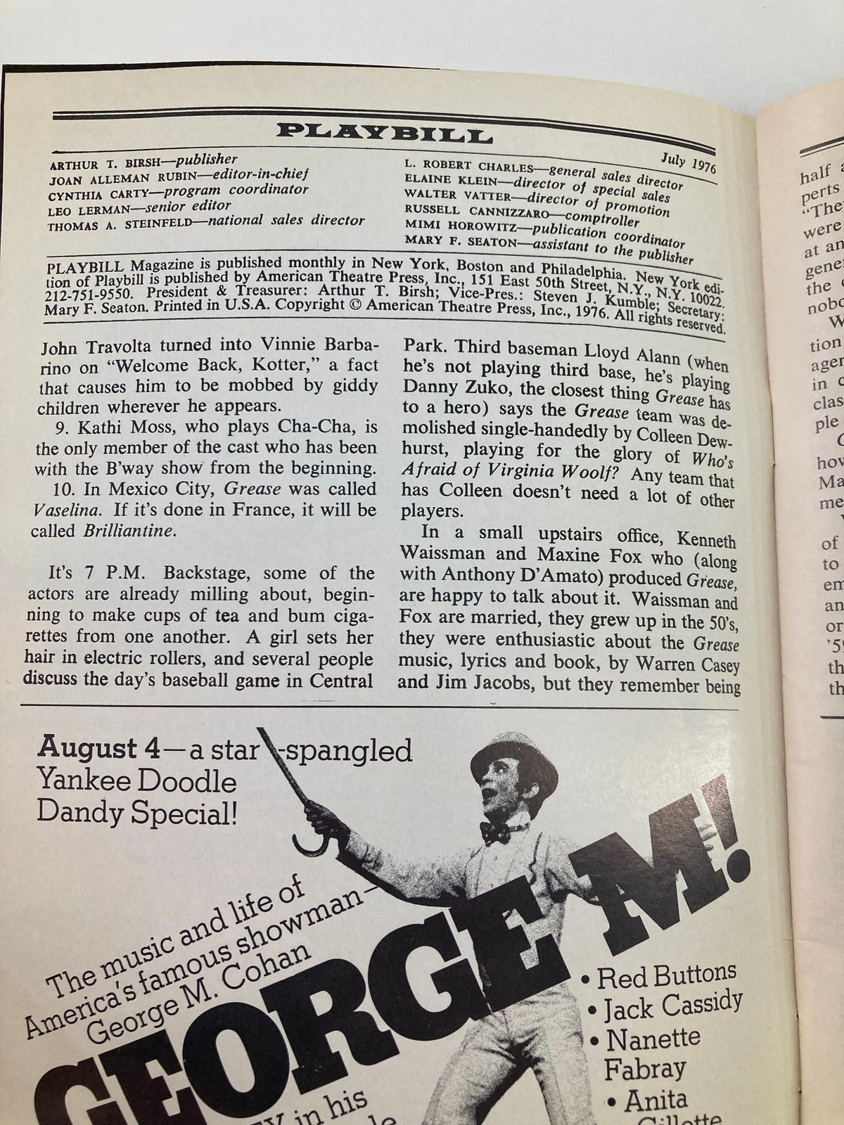 Interior page of the 1976 Playbill for The Royal Family at Helen Hayes Theatre featuring cast list and production credits.