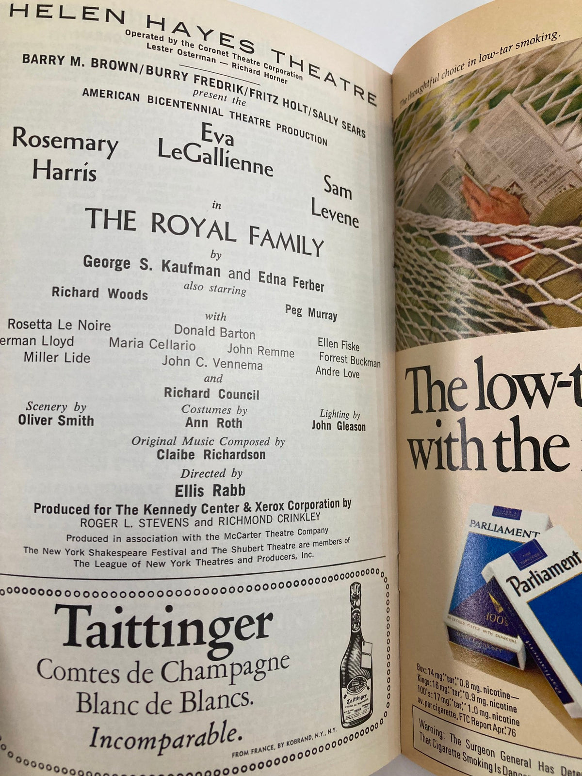 Interior page of the 1976 Playbill for The Royal Family at Helen Hayes Theatre showcasing Rosemary Harris and other cast members.