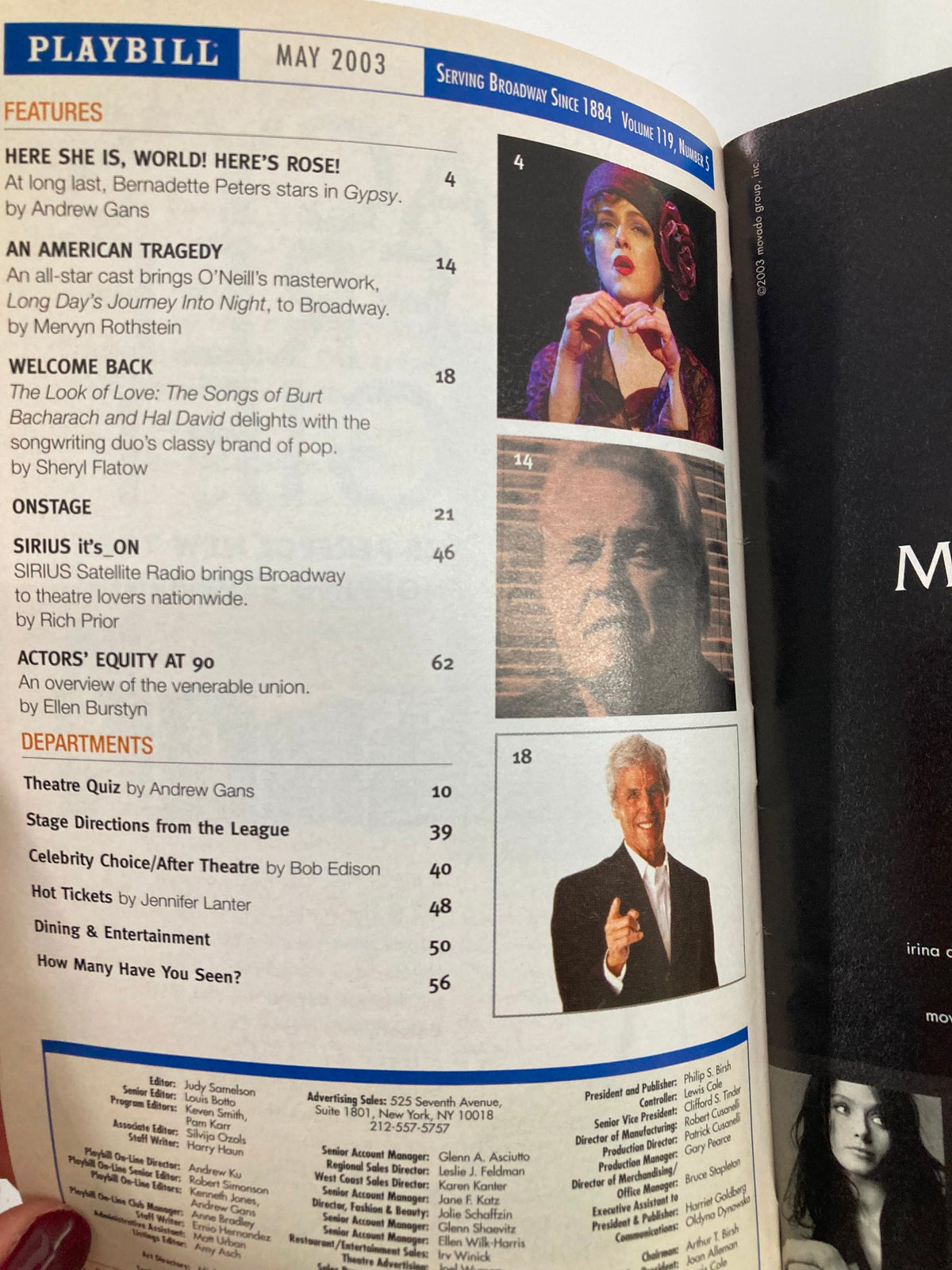 Inside page of the 2003 Playbill from Virginia Theatre, featuring various features and articles including highlights from Broadway.