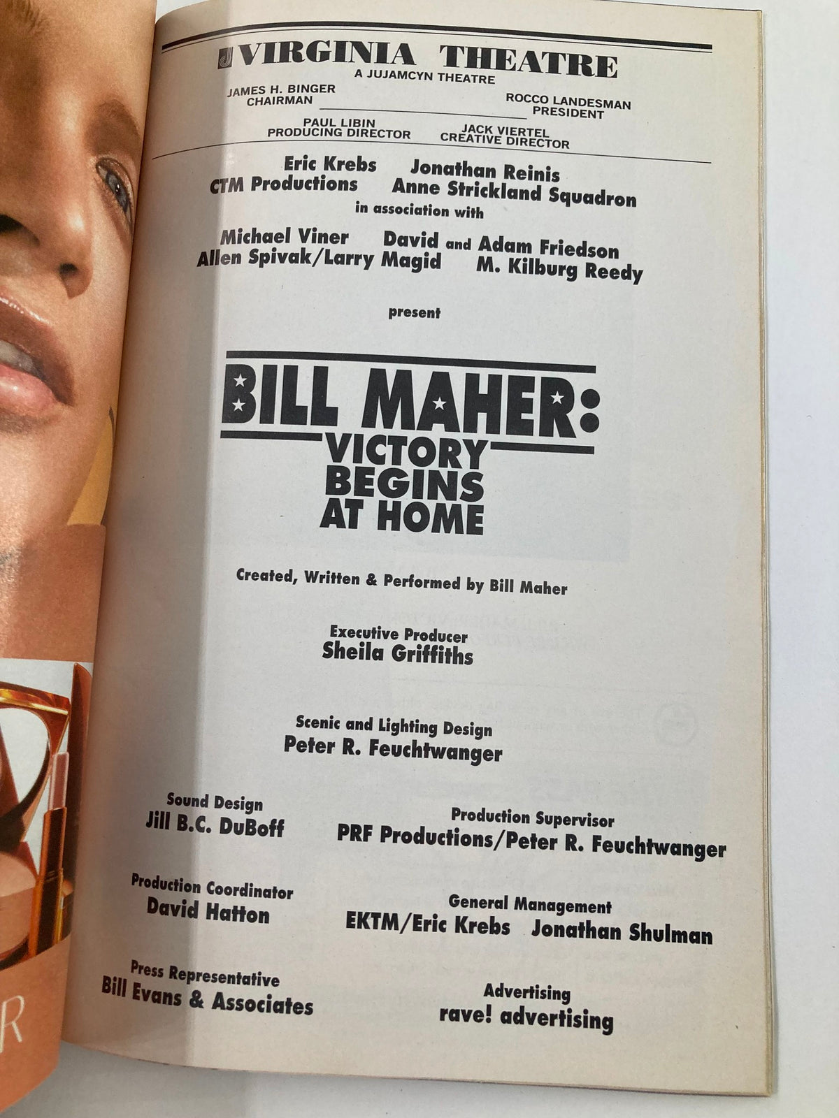 Another inside page of the 2003 Playbill from Virginia Theatre, detailing the production credits for Bill Maher's 'Victory Begins at Home'.