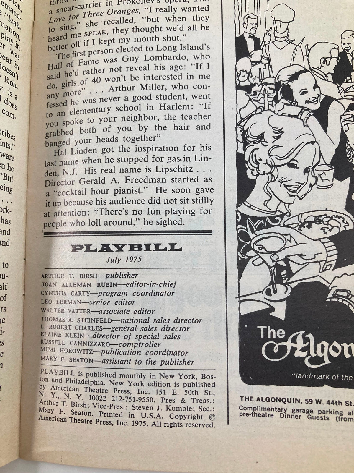 Inside August 1975 Playbill showcasing credits and articles associated with the Same Time, Next Year production at Brooks Atkinson Theatre.