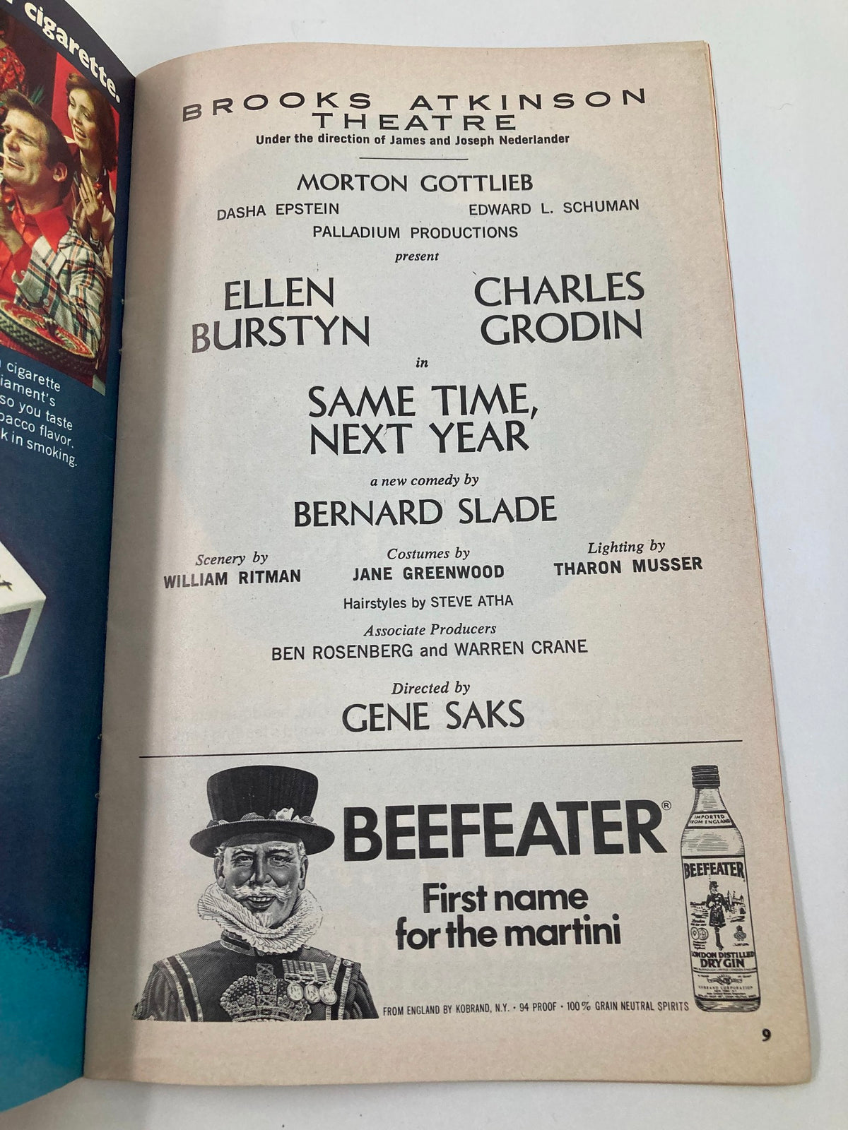 1975 Playbill from Brooks Atkinson Theatre featuring Ellen Burstyn and Charles Grodin in 'Same Time, Next Year'. The image shows the cast list and production details along with an advertisement for Beefeater gin.