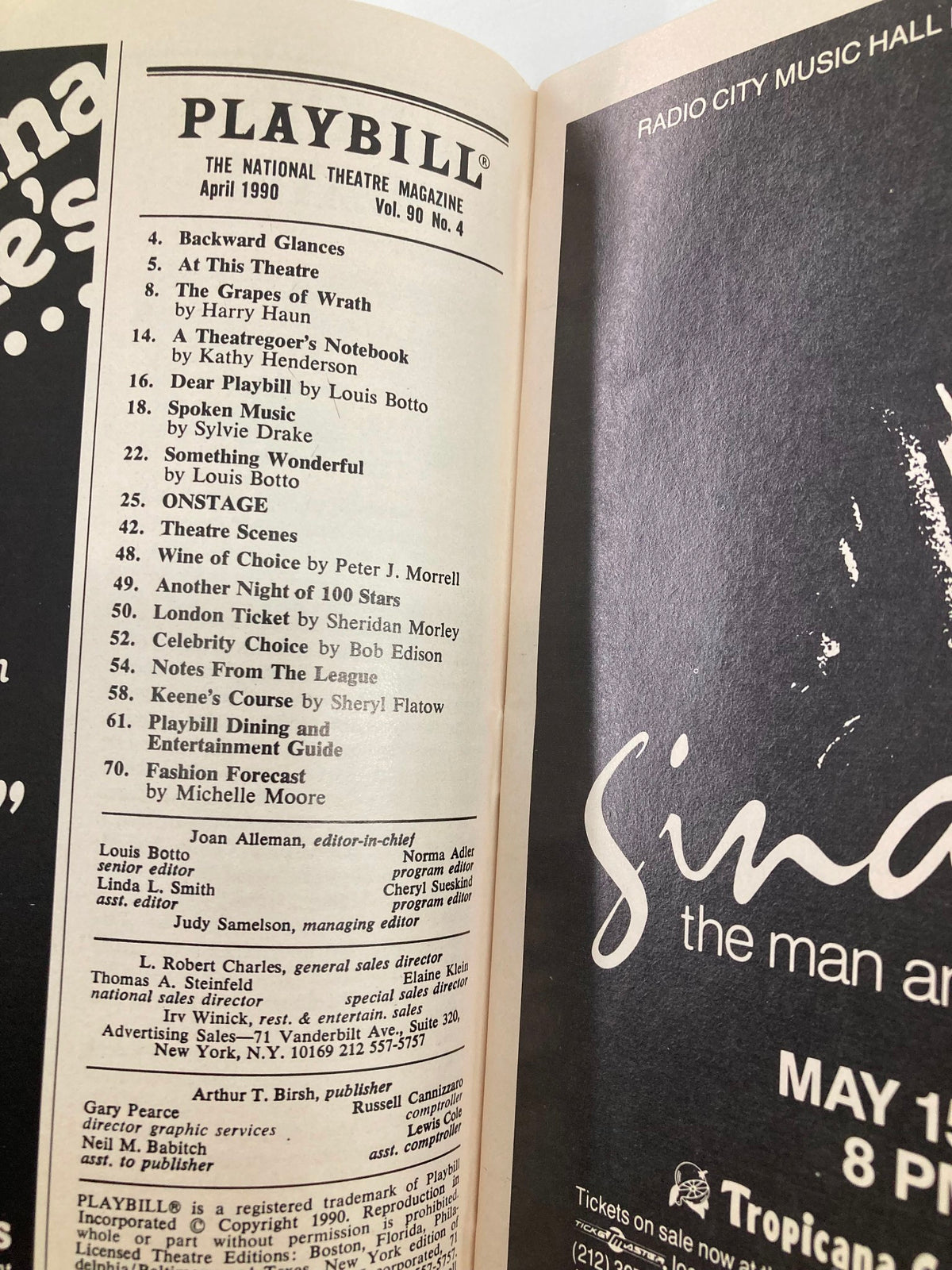 Inside page of the 1990 Playbill for The Booth Theatre, displaying the table of contents and highlights of the April 1990 edition.