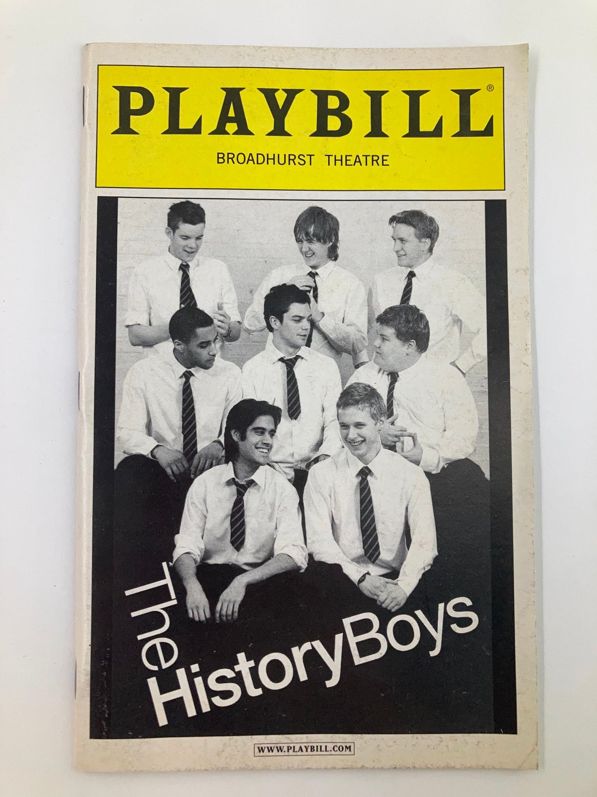 2006 Playbill for The History Boys at Broadhurst Theatre featuring a black and white group photo of the cast, showcasing the theatrical production by Alan Bennett.