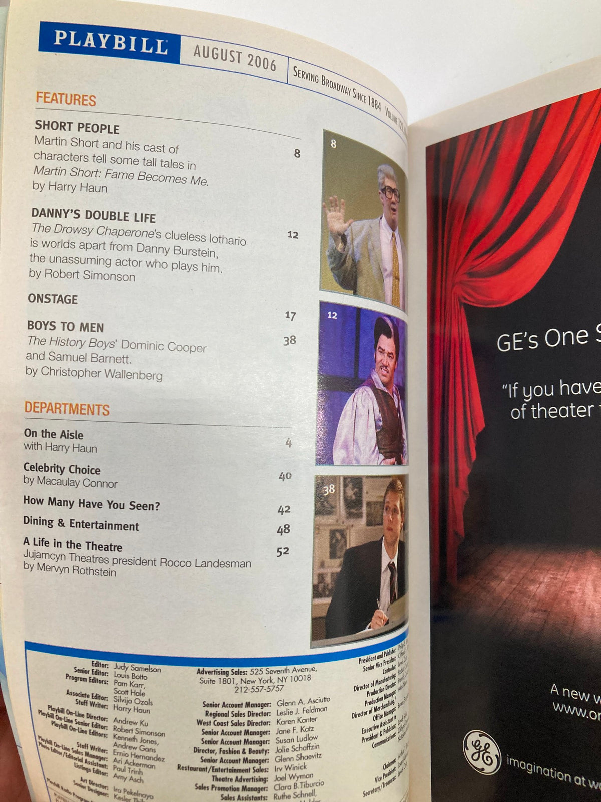 Inside page of the 2006 Playbill for The History Boys at Broadhurst Theatre, displaying the contents with articles and sections related to the Broadway show.
