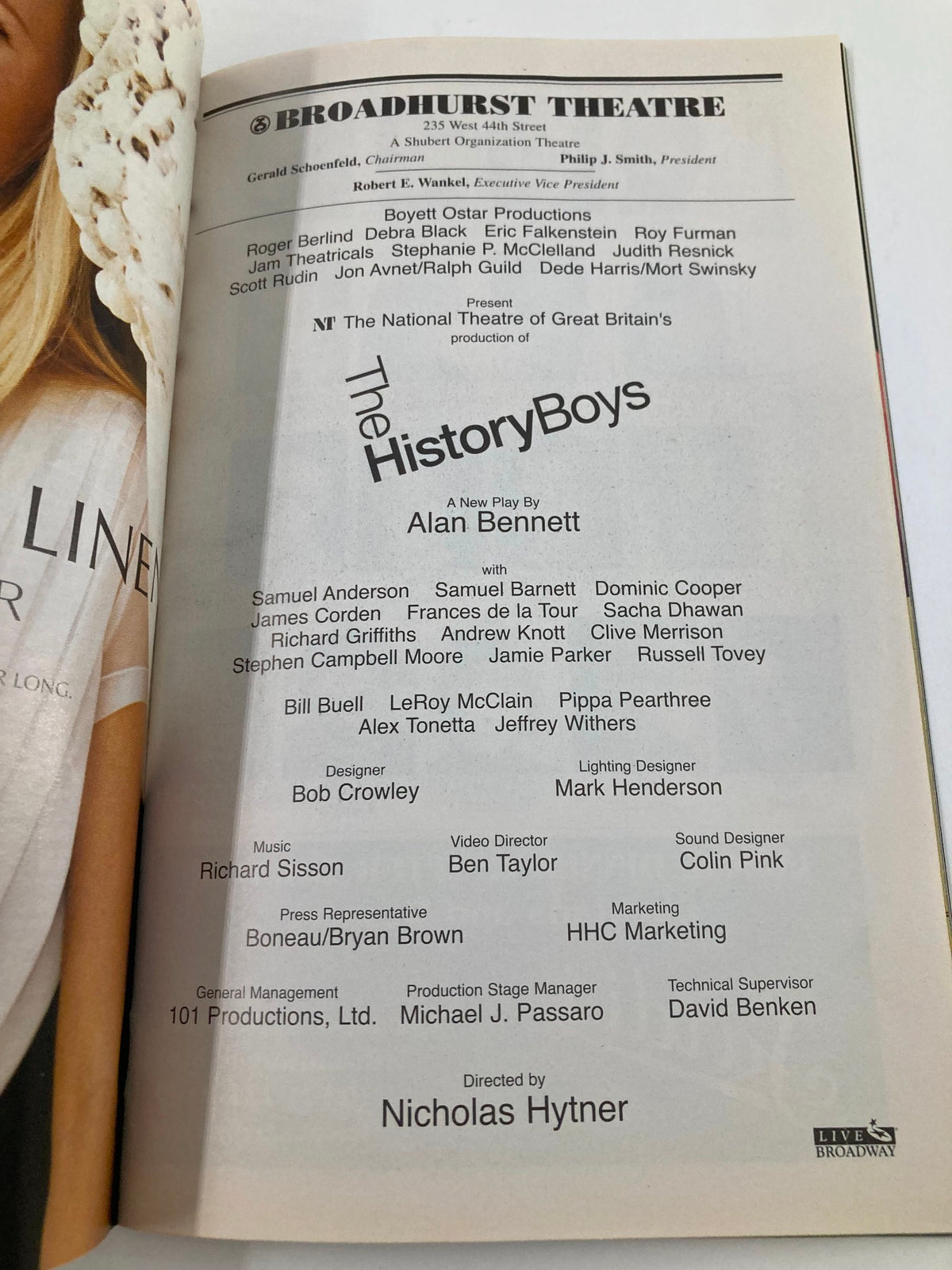 2006 Playbill from the Broadhurst Theatre featuring 'The History Boys' by Alan Bennett, showcasing cast and crew details, highlighted by the stylized header and layout typical of theatrical playbills.