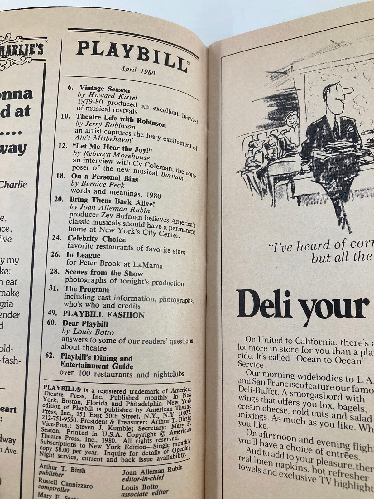 Inside page of the 1980 Playbill for 'They're Playing Our Song', showcasing the table of contents and theater highlights.