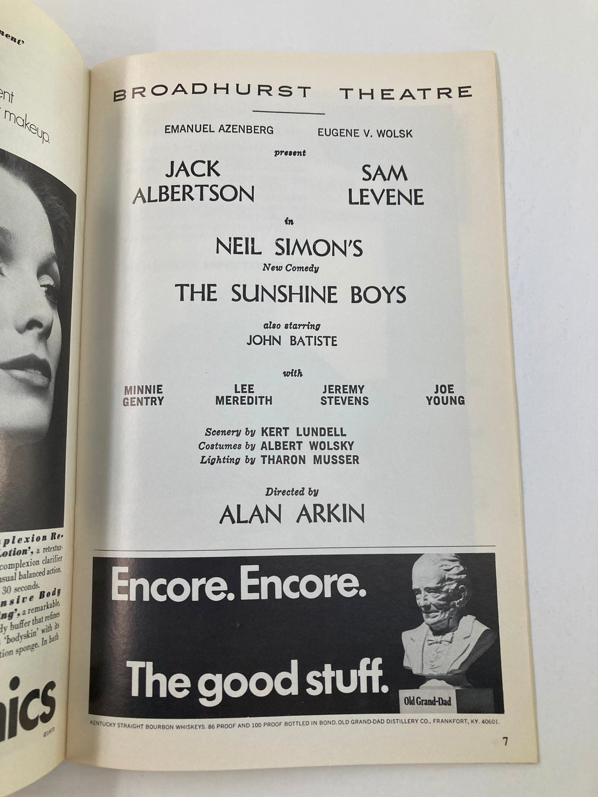 Another inside page of the 1973 Playbill for The Sunshine Boys at Broadhurst Theatre, outlining cast and crew, including Jack Albertson's role, highlighting its historical significance.