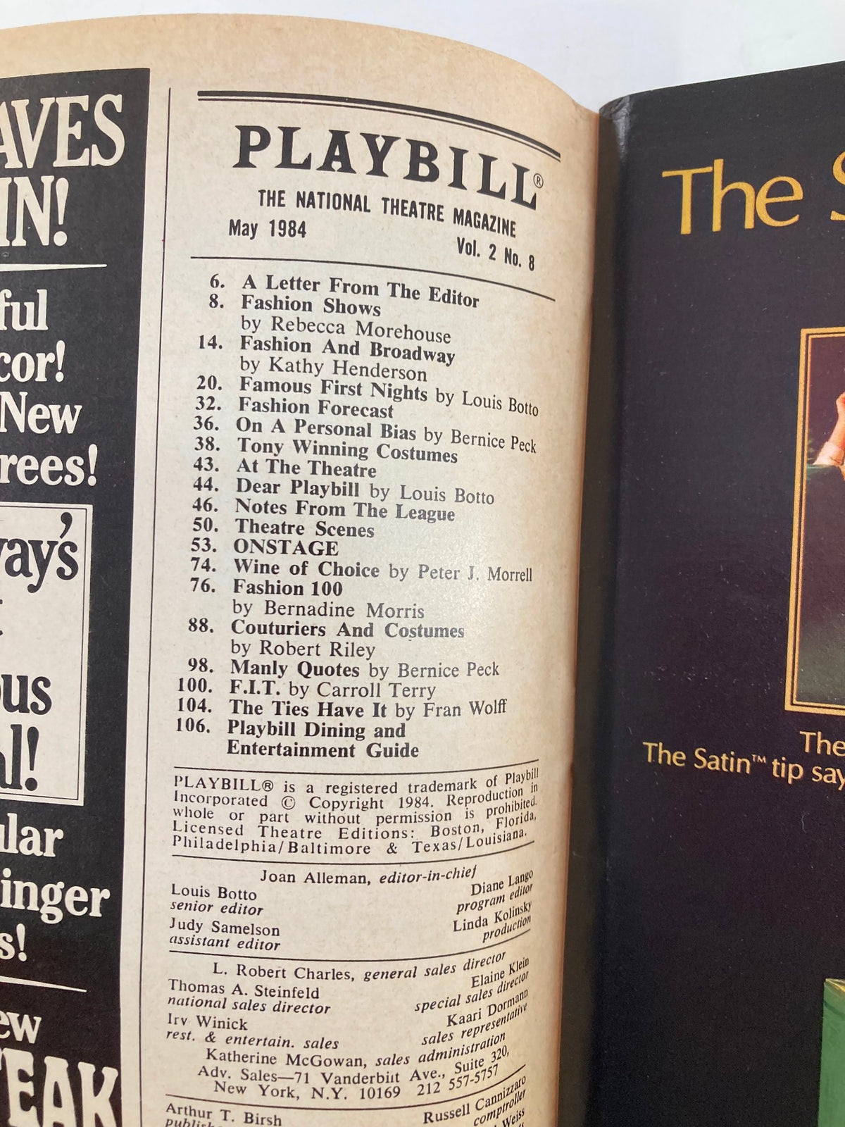 Inside page of the May 1984 Playbill showcasing the table of contents and listings for the production 'Baby' at Ethel Barrymore Theatre.