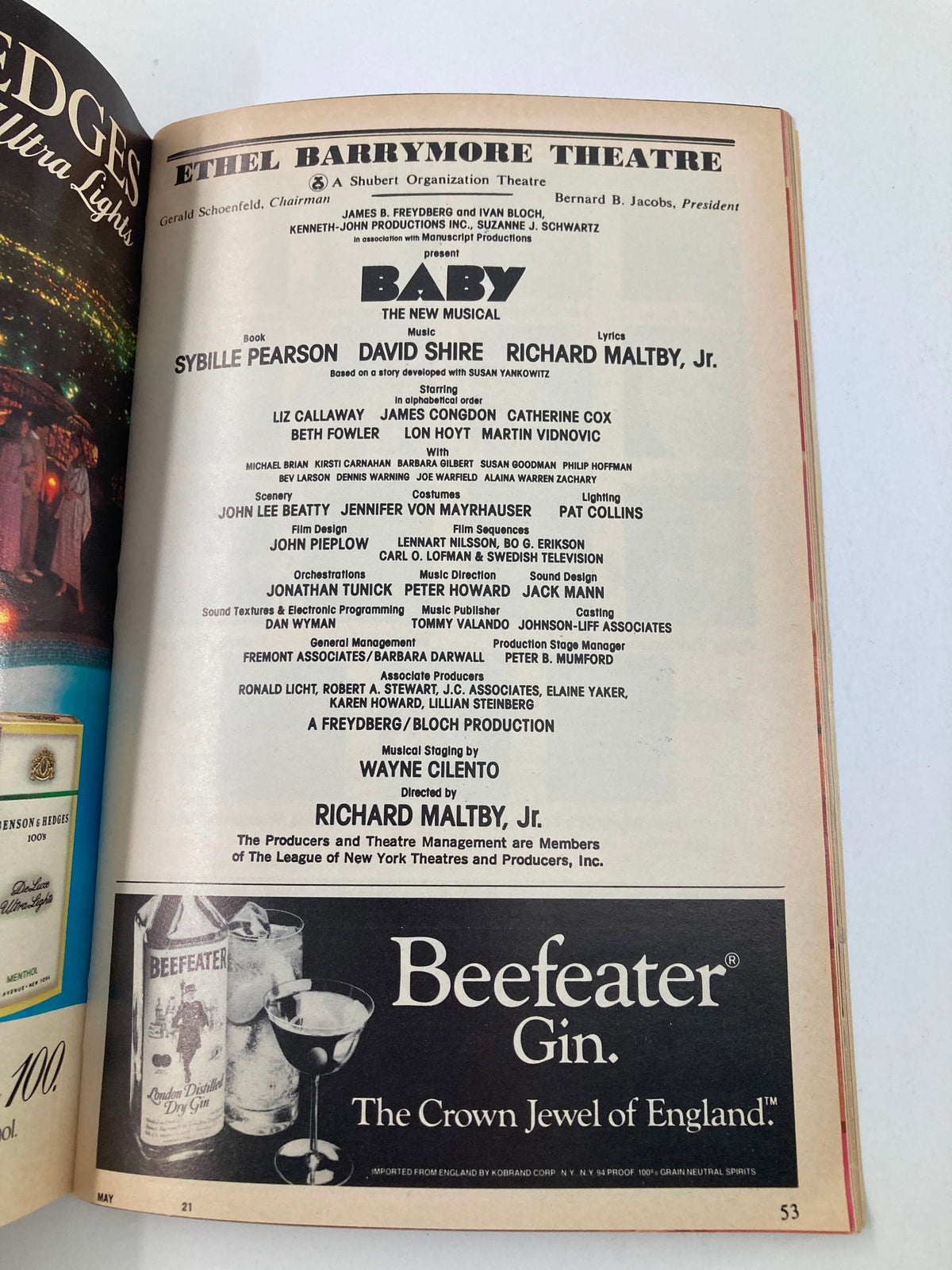 Inside page of the 1984 Playbill for 'Baby' featuring the cast, crew, and production details from the Ethel Barrymore Theatre.
