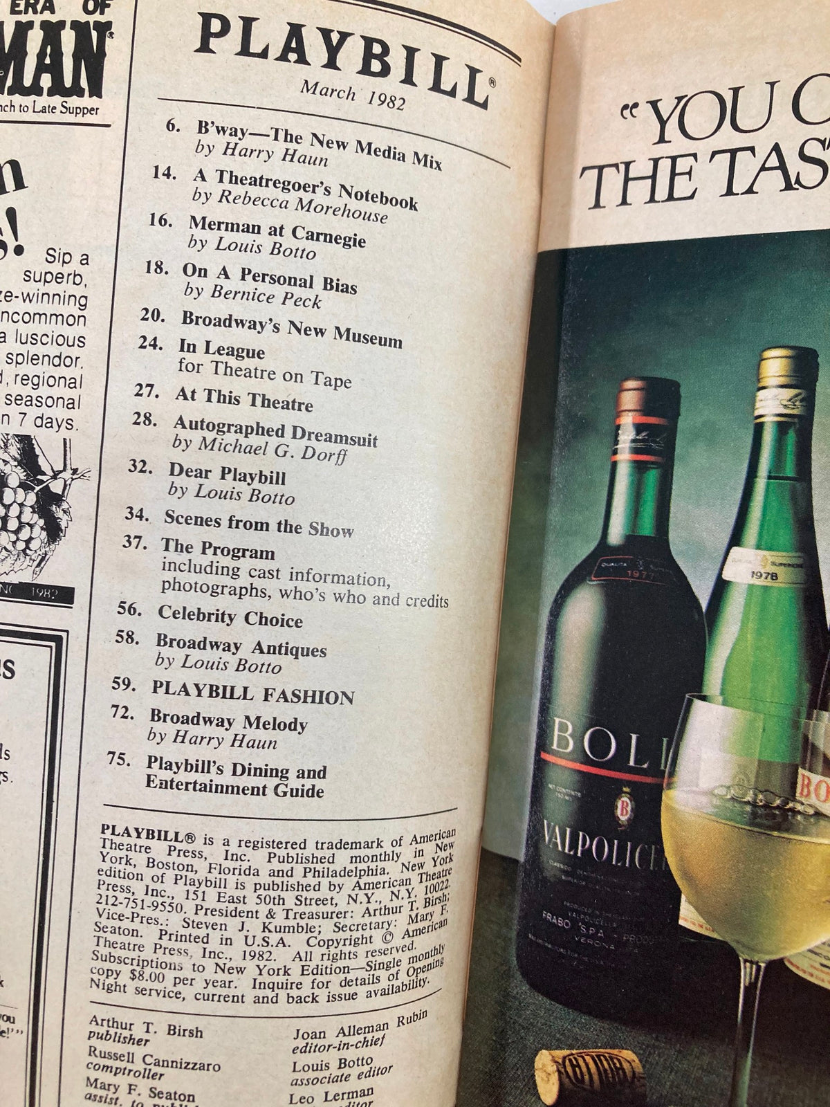 Inside page of the 1982 Playbill showcasing various articles and advertisements, including details from The Palace Theatre's March 1982 issue.