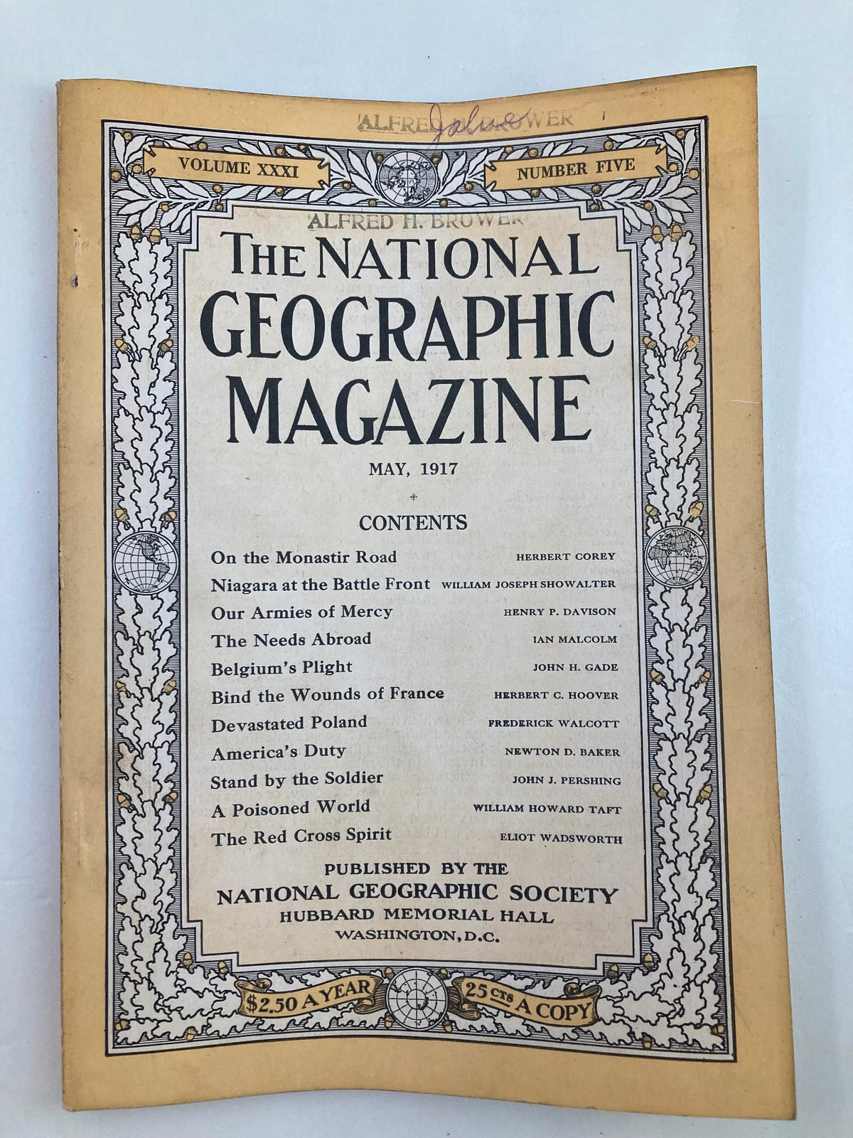 Cover of the VTG National Geographic Magazine from May 1917, featuring the title and contents highlighting historical topics like 'Our Armies of Mercy' and 'Devastated Poland', showcasing vintage publishing design.