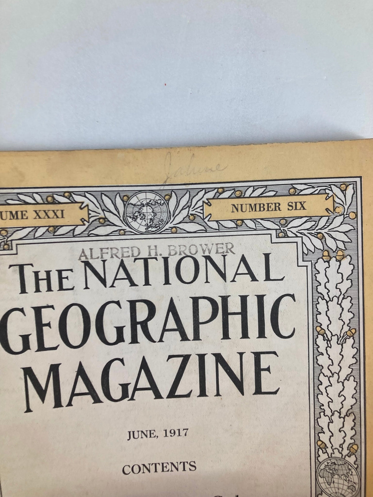 Zoomed-in view of the editorial header from the June 1917 National Geographic Magazine, highlighting the title 'The National Geographic Magazine', editor's name, and issue number.