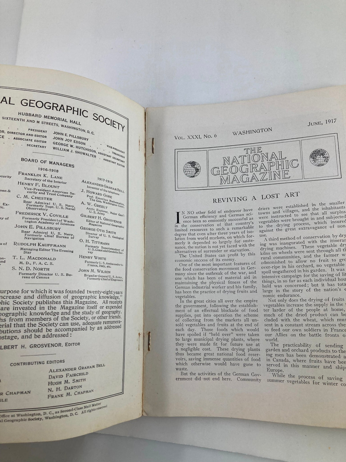 Interior pages of the VTG The National Geographic Magazine June 1917 showcasing the contents and title page, highlighting its historical significance.